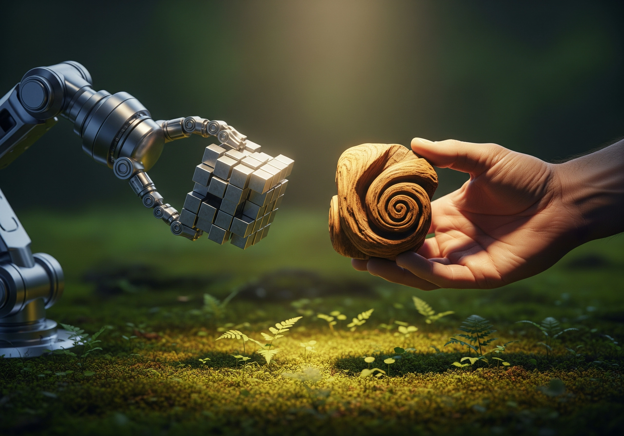 Robotic arm and human hand reaching for wooden objects on mossy ground.