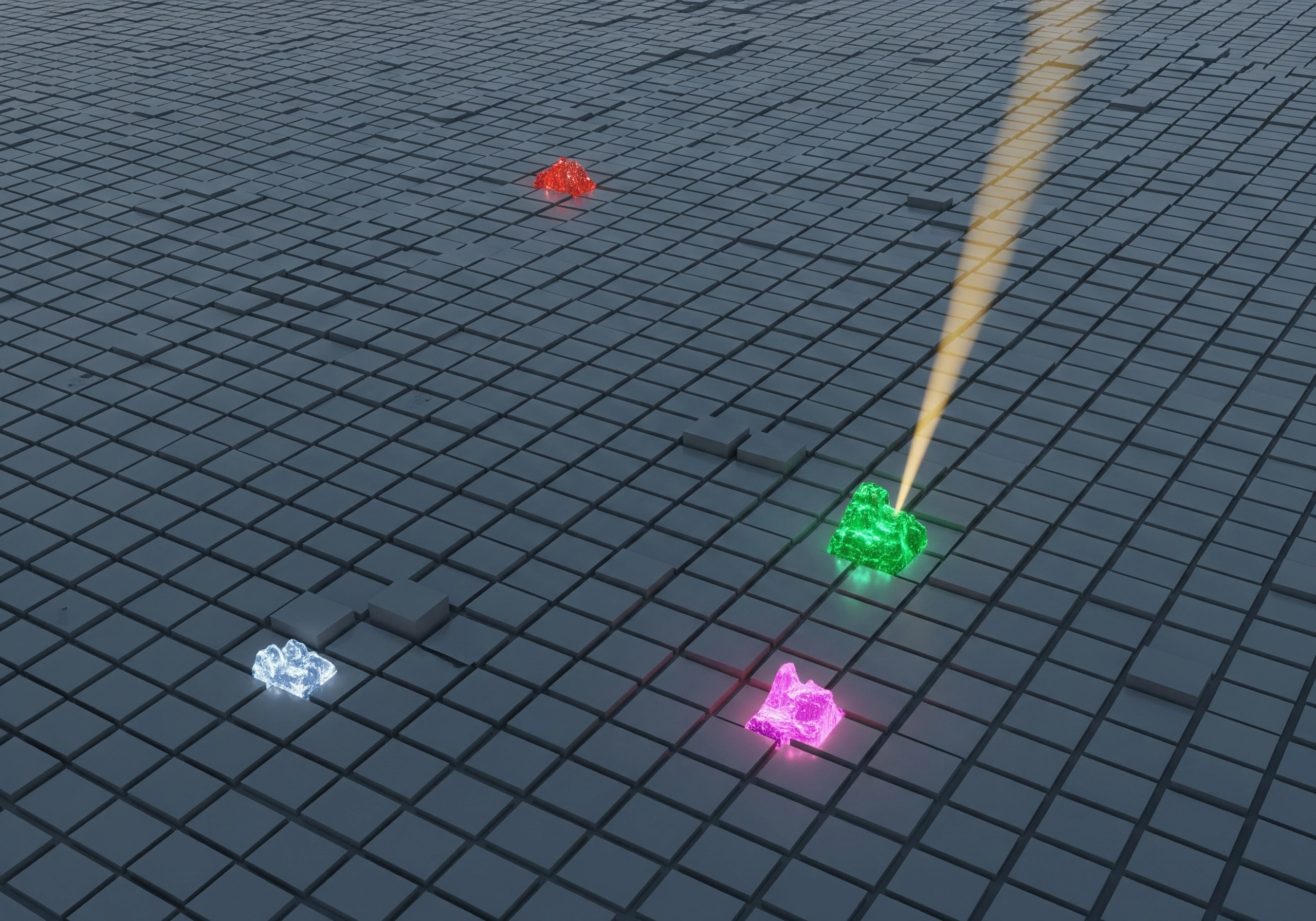 Abstract 3D render of glowing crystal clusters on gray tiled surface.