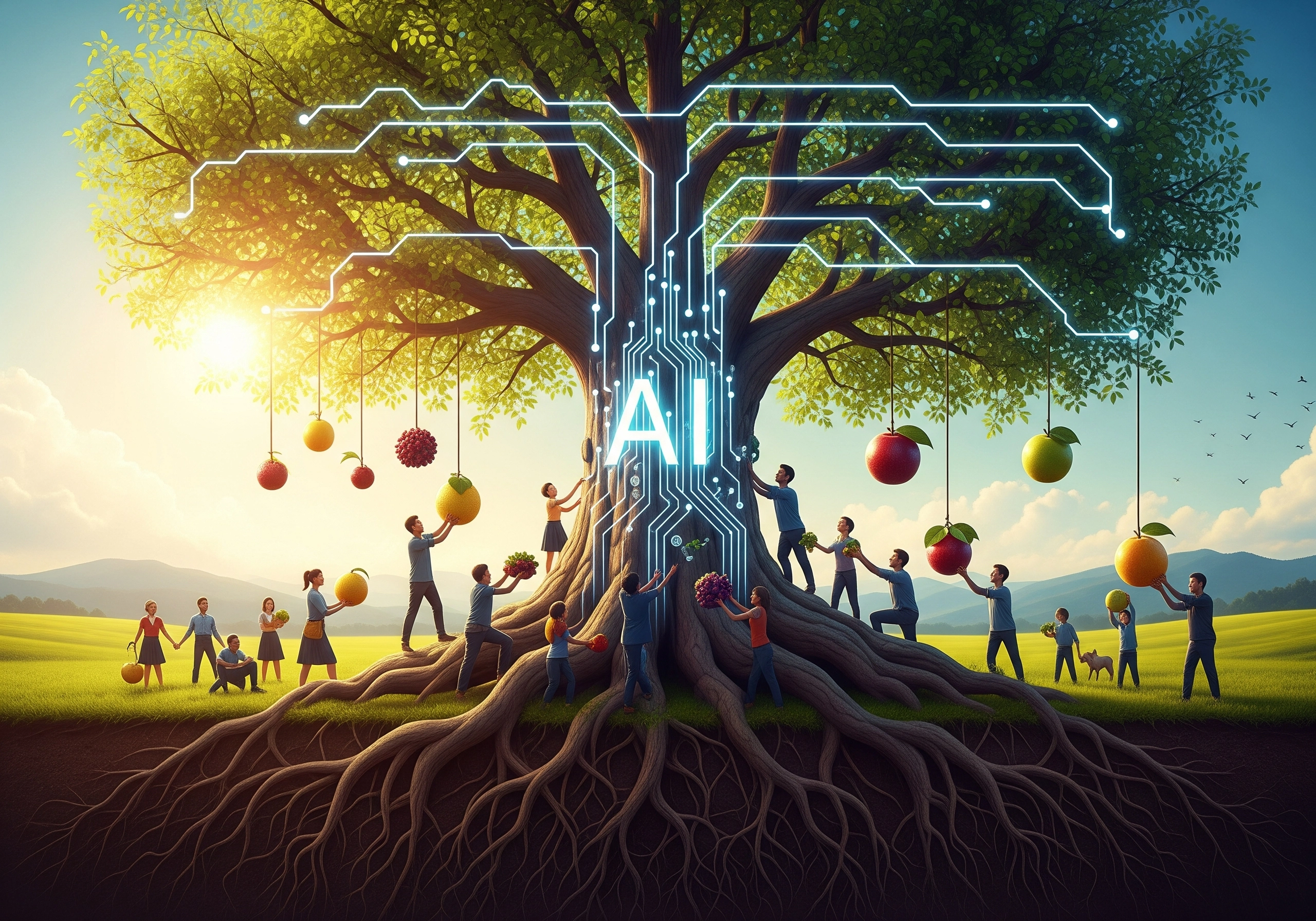 AI circuit board tree with people harvesting fruit, an AI content strategy concept.