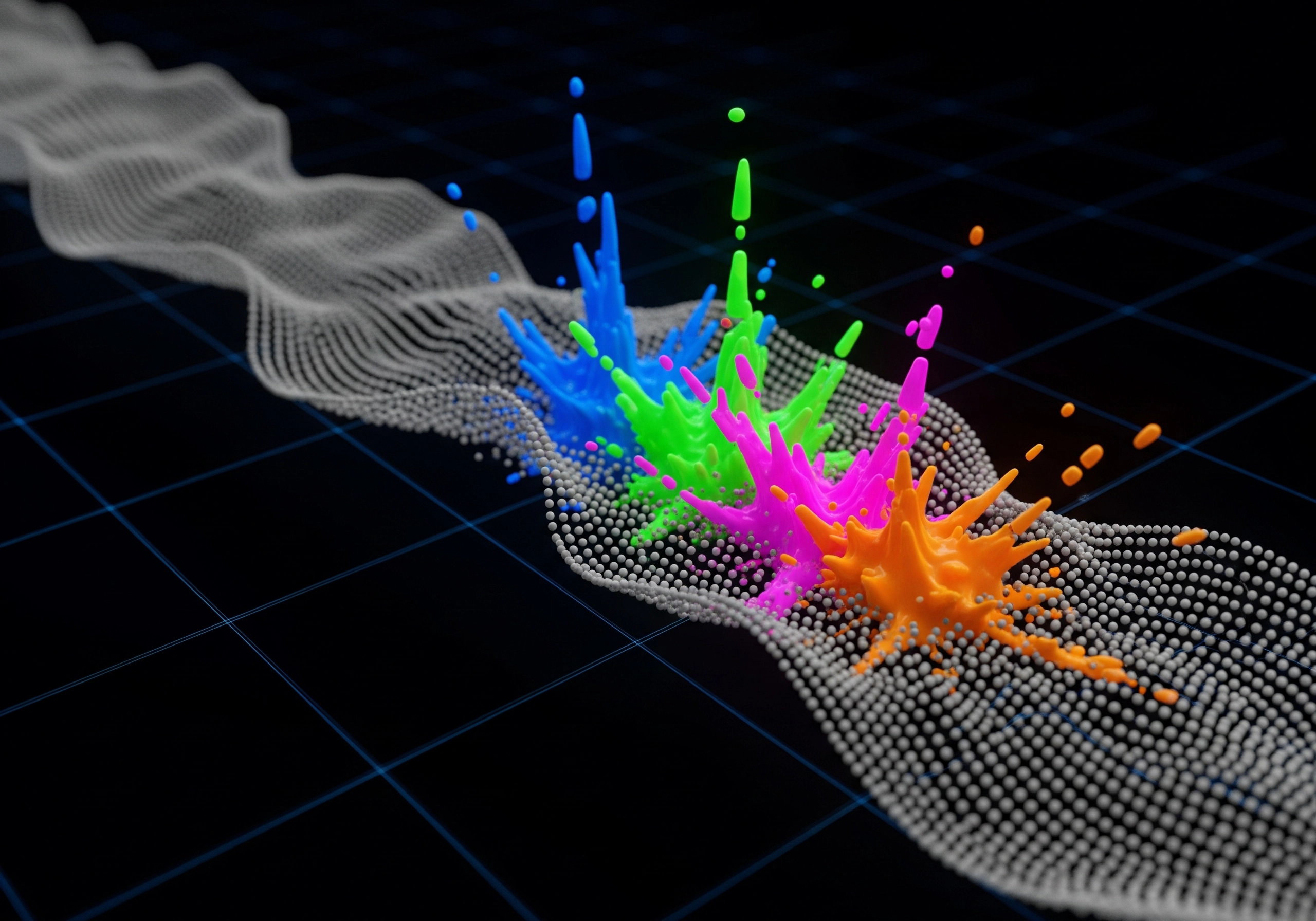 Abstract colorful splashes on a gray wave pattern over a grid background