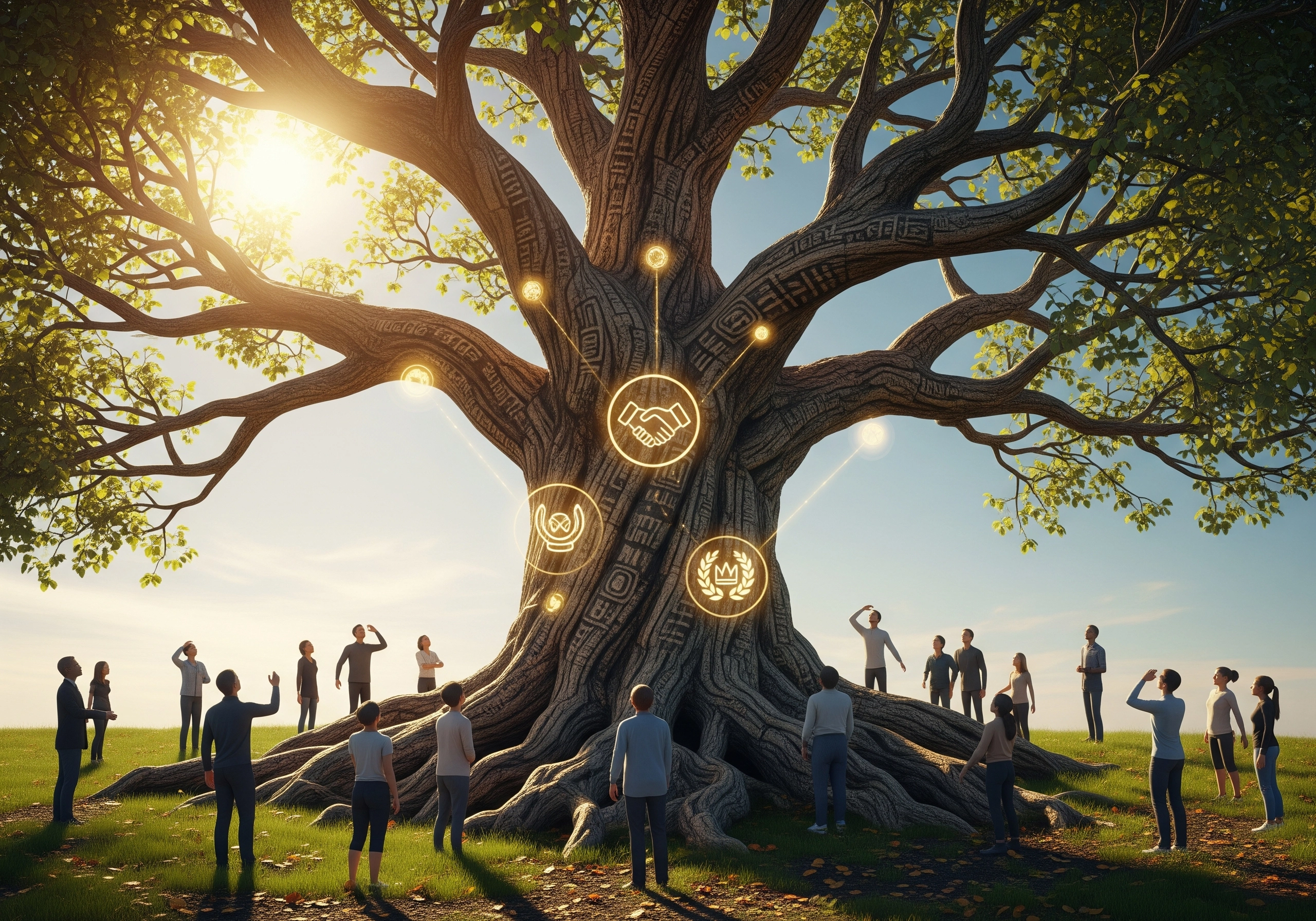 Large tree with glowing partnership icons and people gathered around the base.