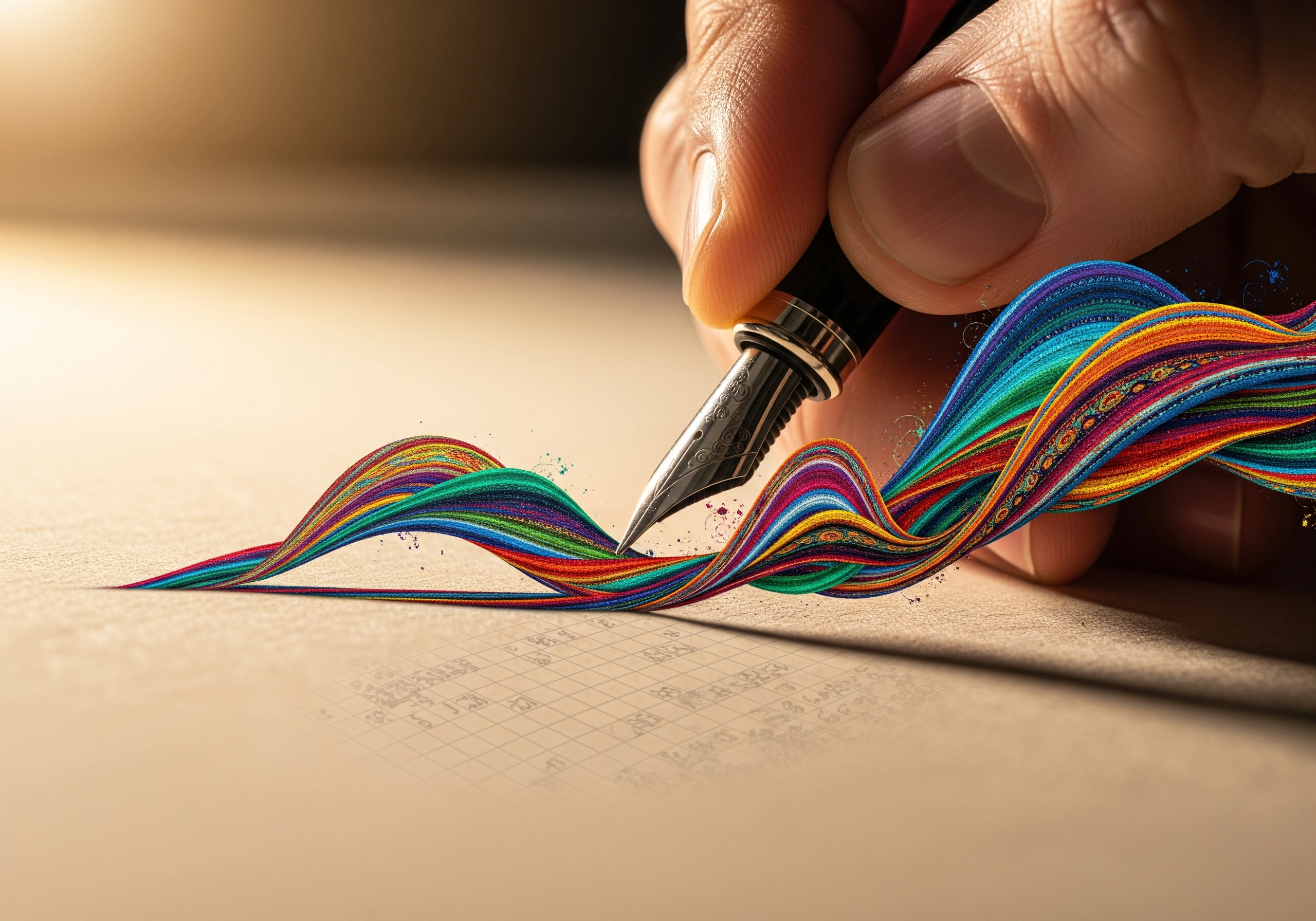 Hand using fountain pen to draw colorful, flowing lines on paper.