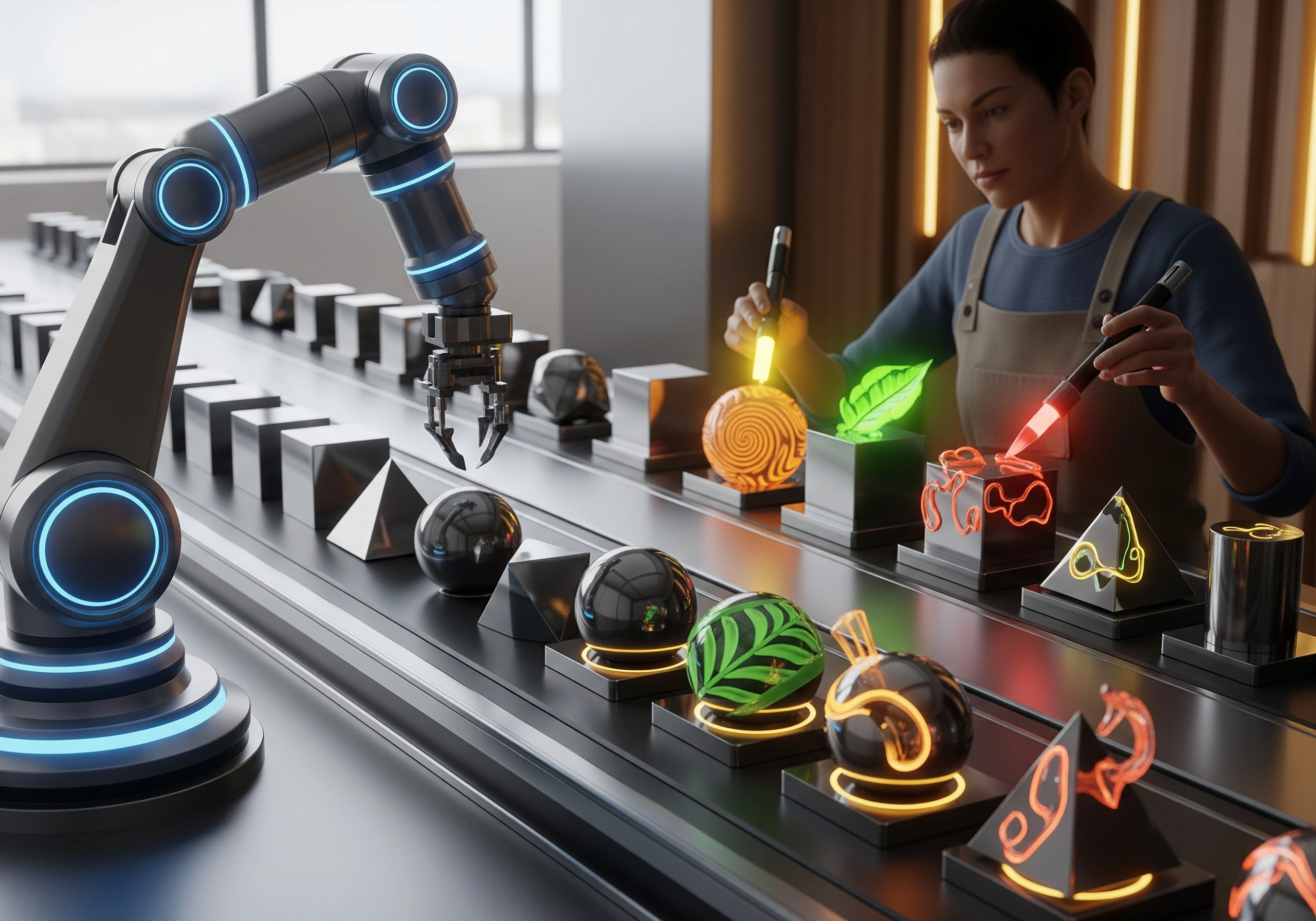 Woman using tools to fix AI content with robotic arm in foreground.