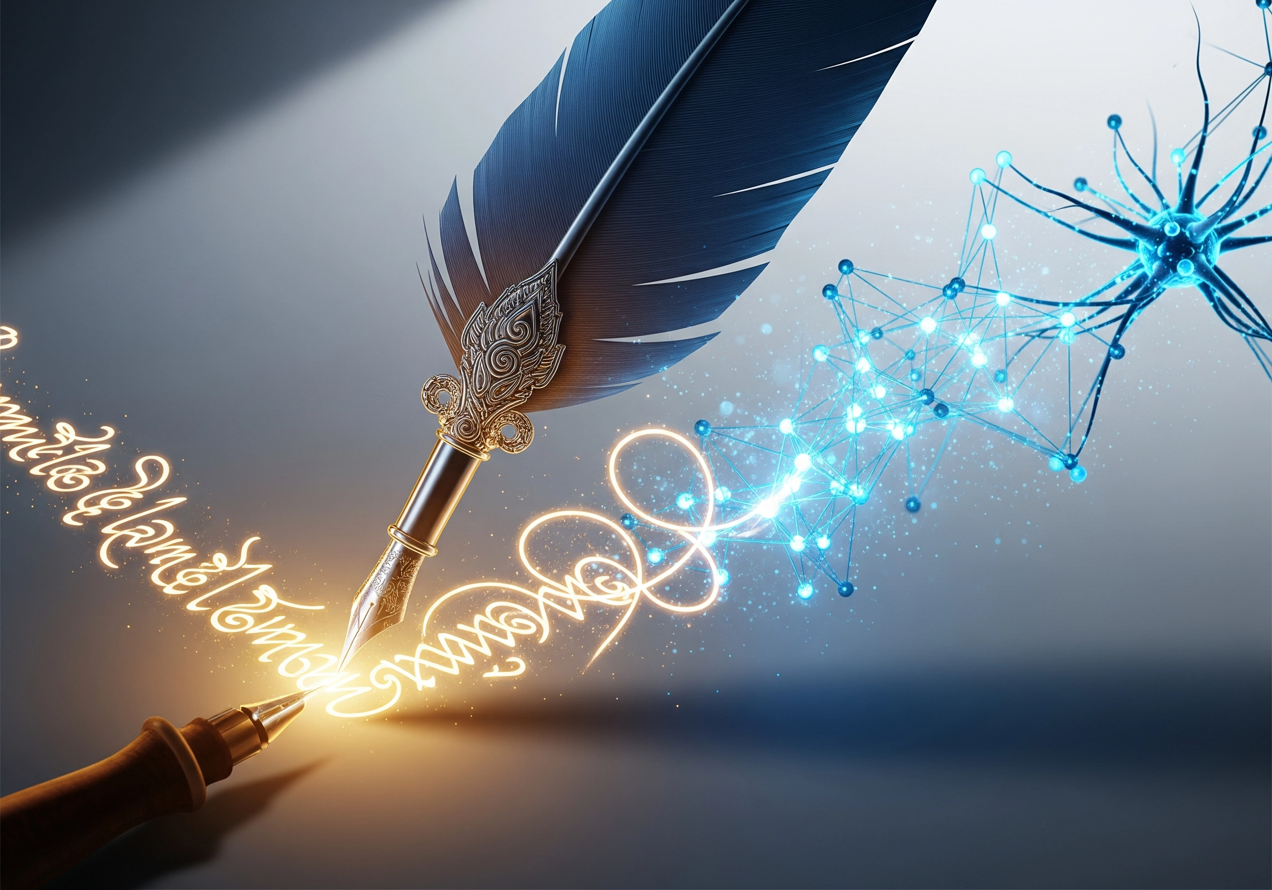 Quill writing glowing text next to an AI neural network illustration.