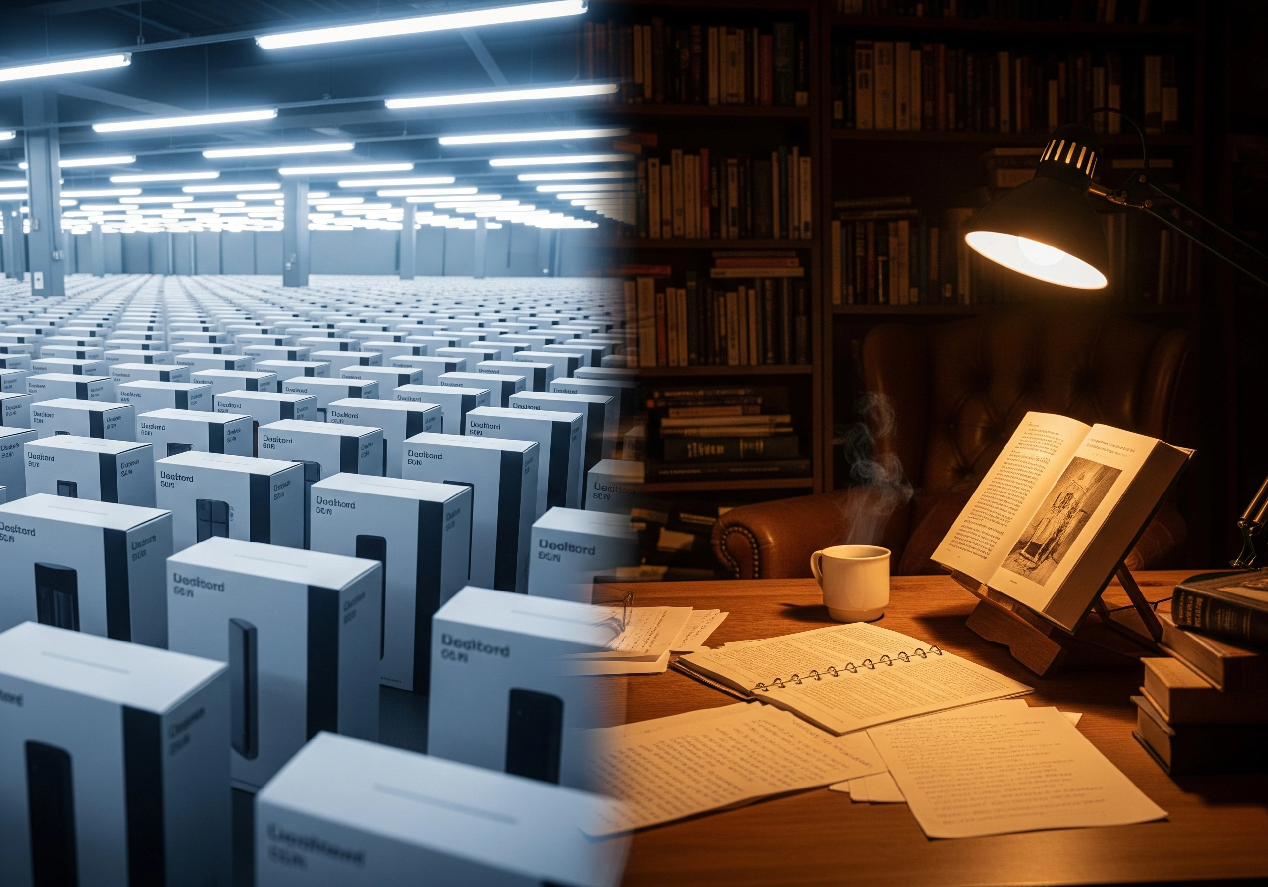 Split image: mass-produced AI content vs. human writer's desk at night.