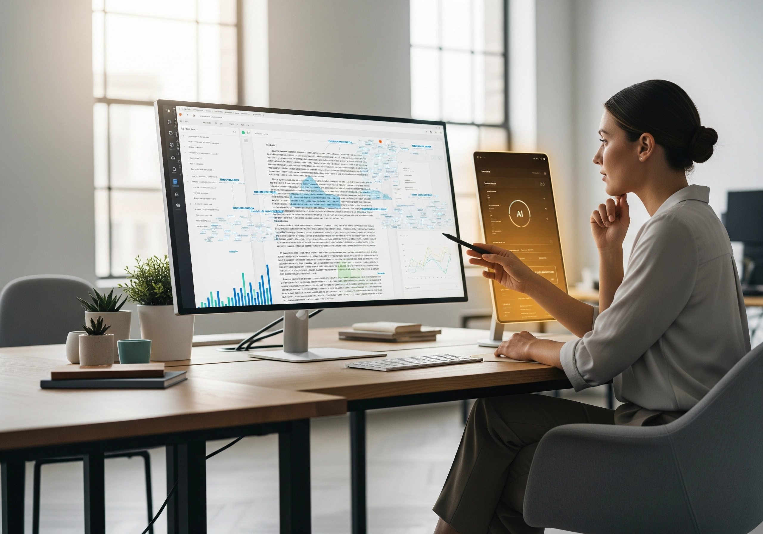 Woman analyzing AI content generation data on a large computer screen.