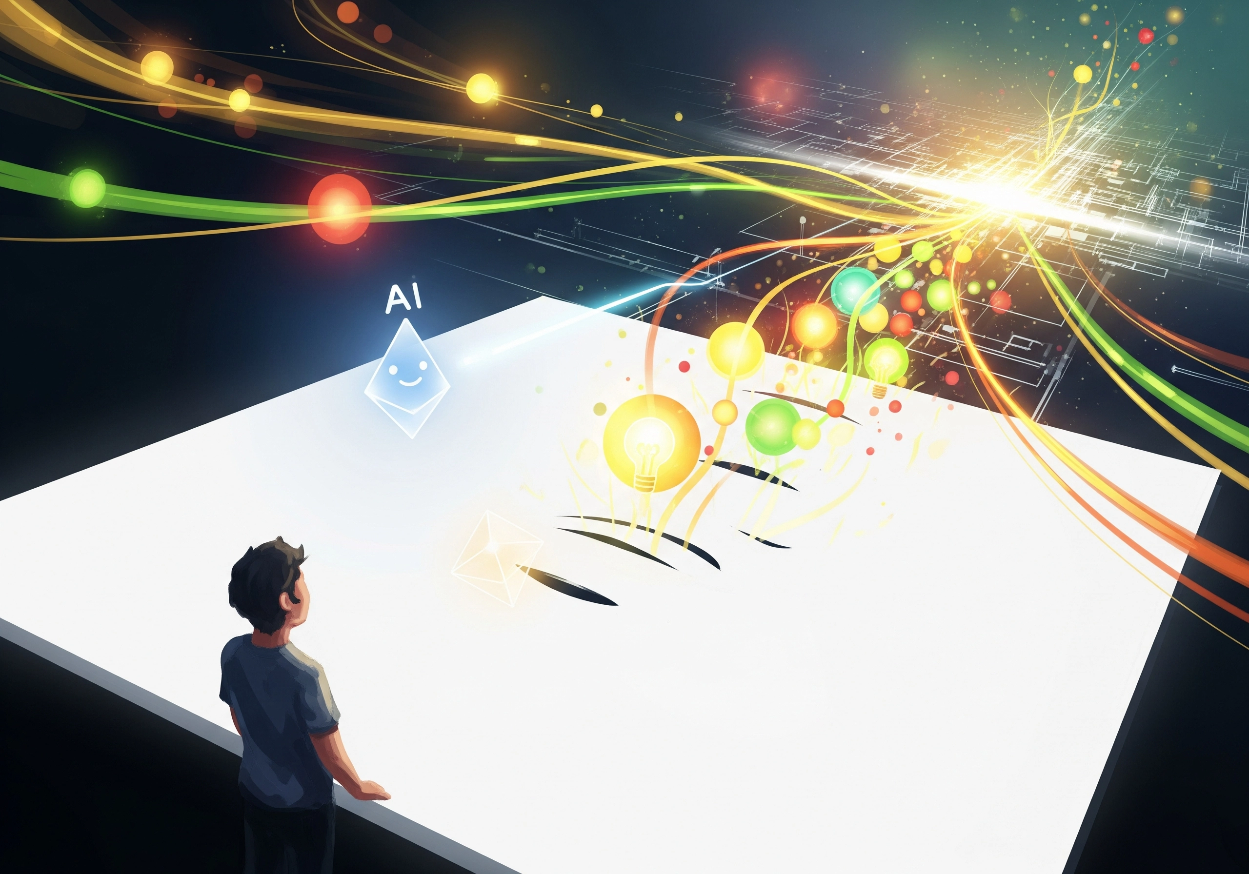 Person looking at AI graphic on a large screen for blog generator AI