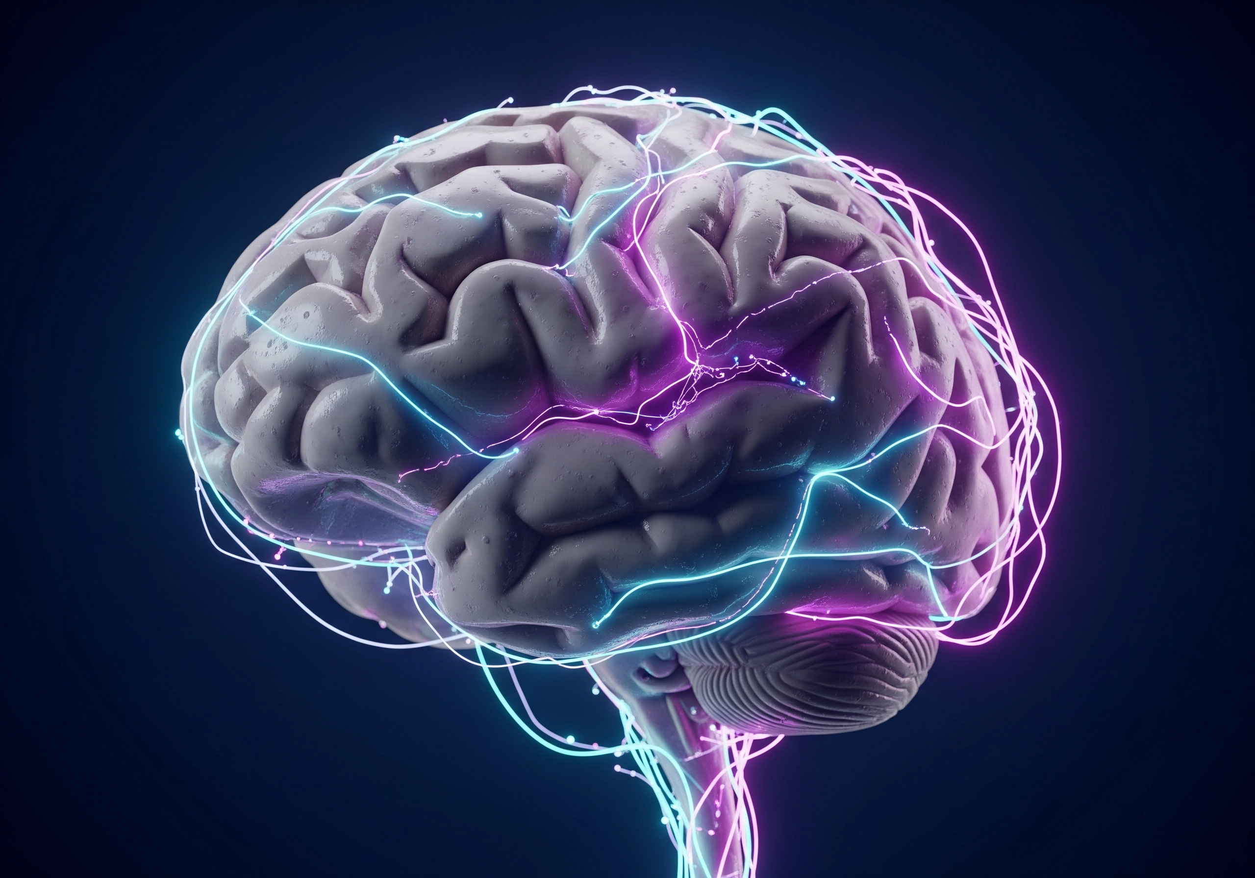 Human brain illuminated with neon lights, concept for AI blog post writer