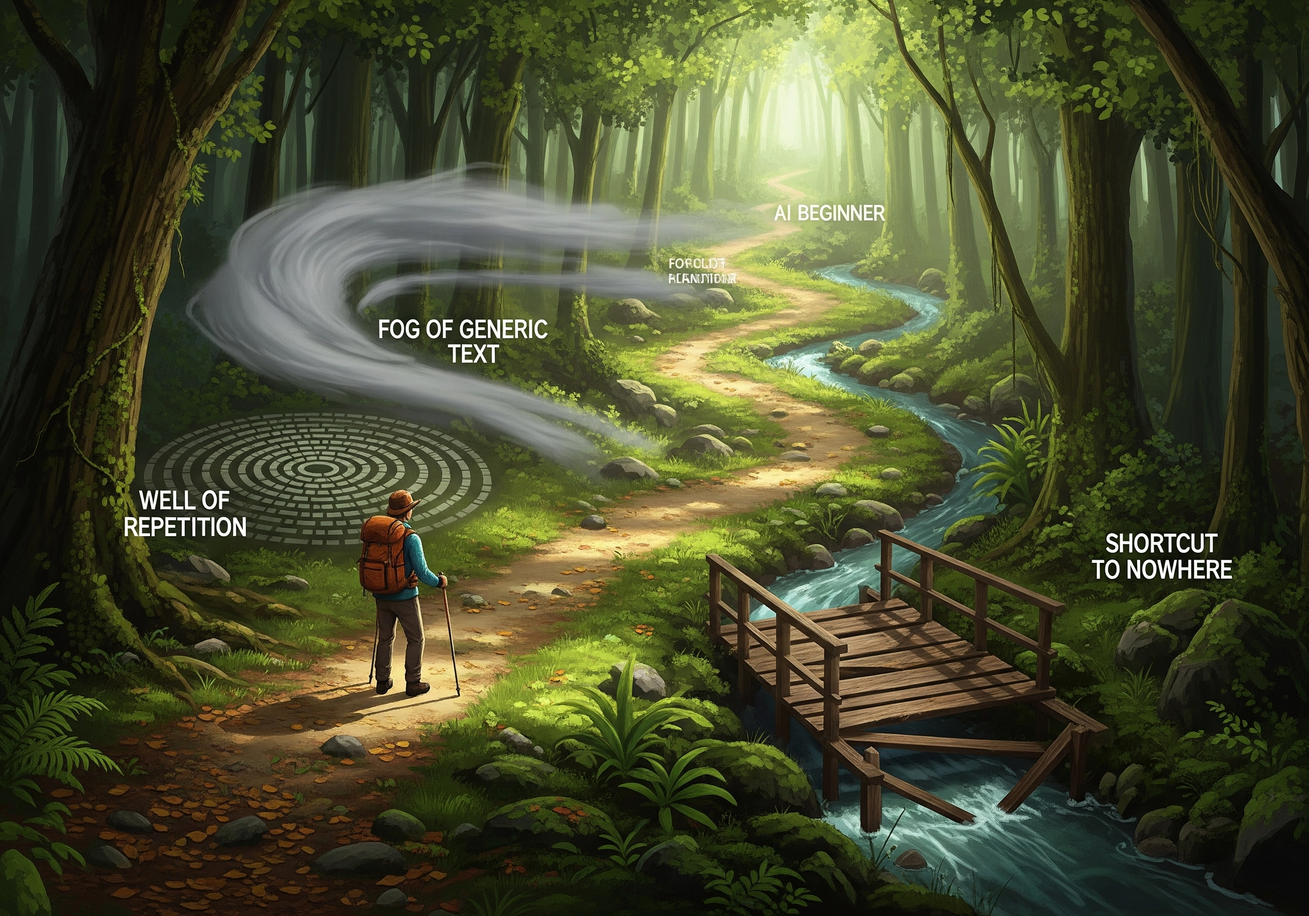 Backpacker on path using AI blog generator, avoiding fog of generic text.