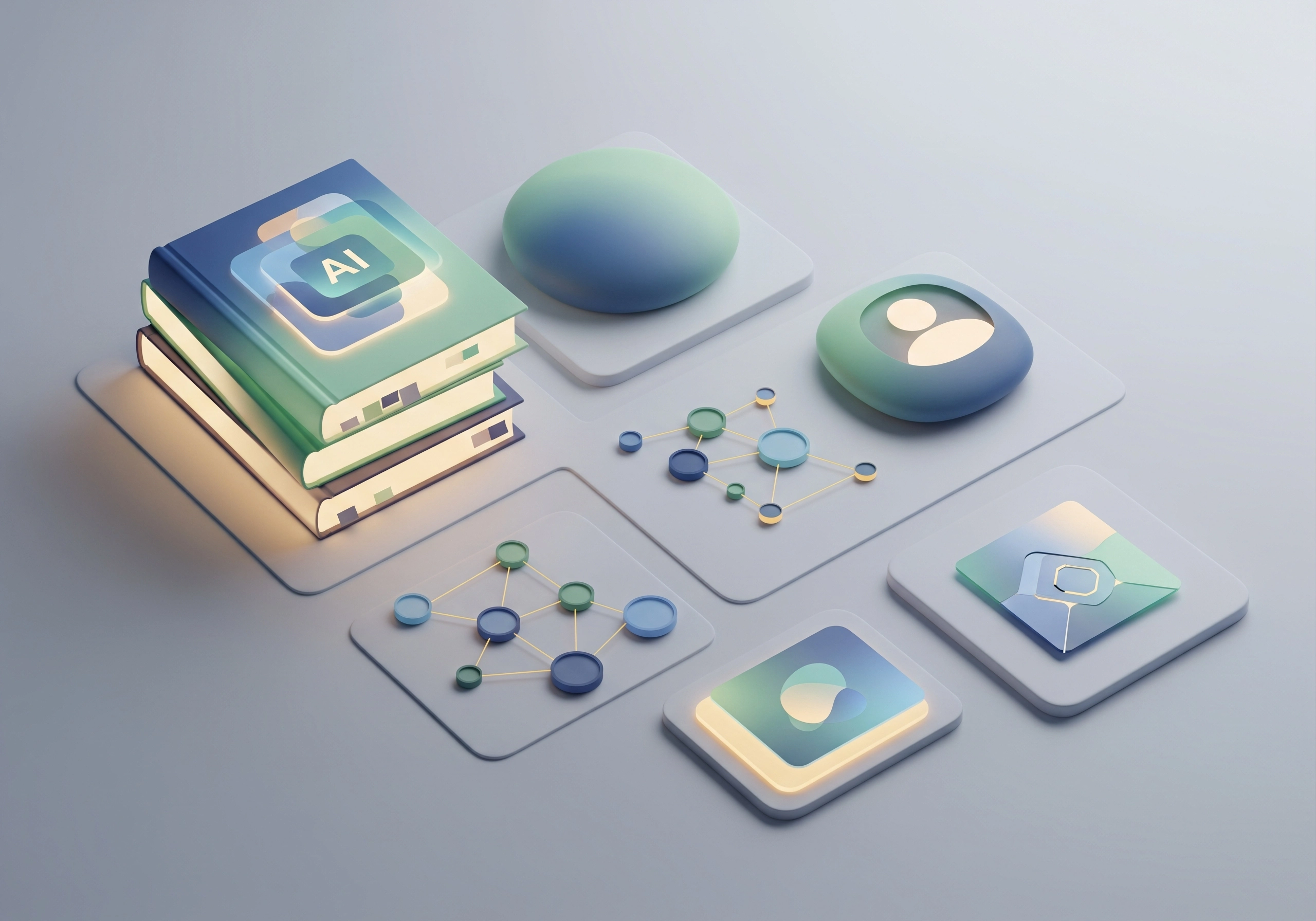 Stack of AI books with glowing app icons for writing articles with AI.