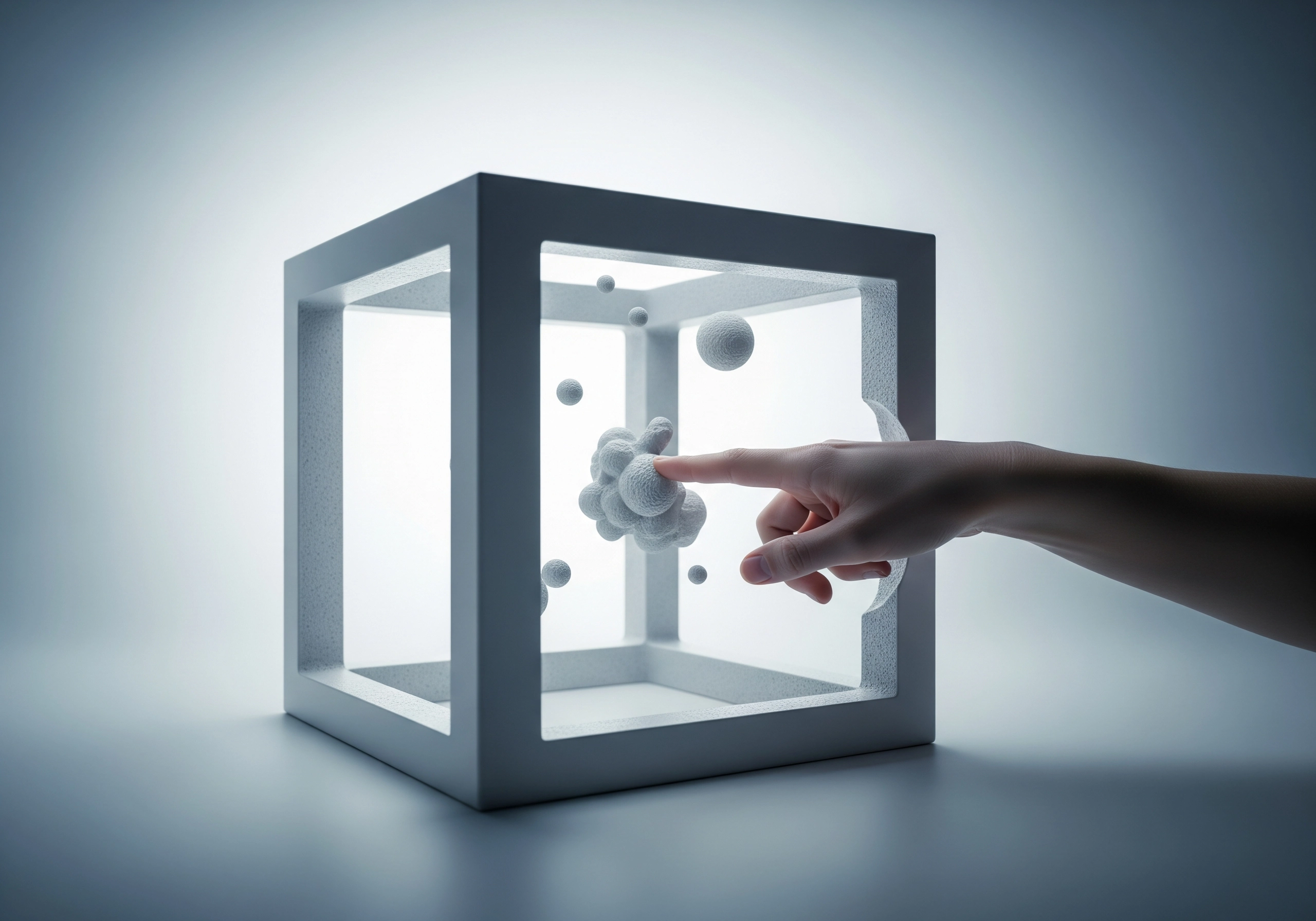 Finger touching a cluster of spheres inside a white cube.