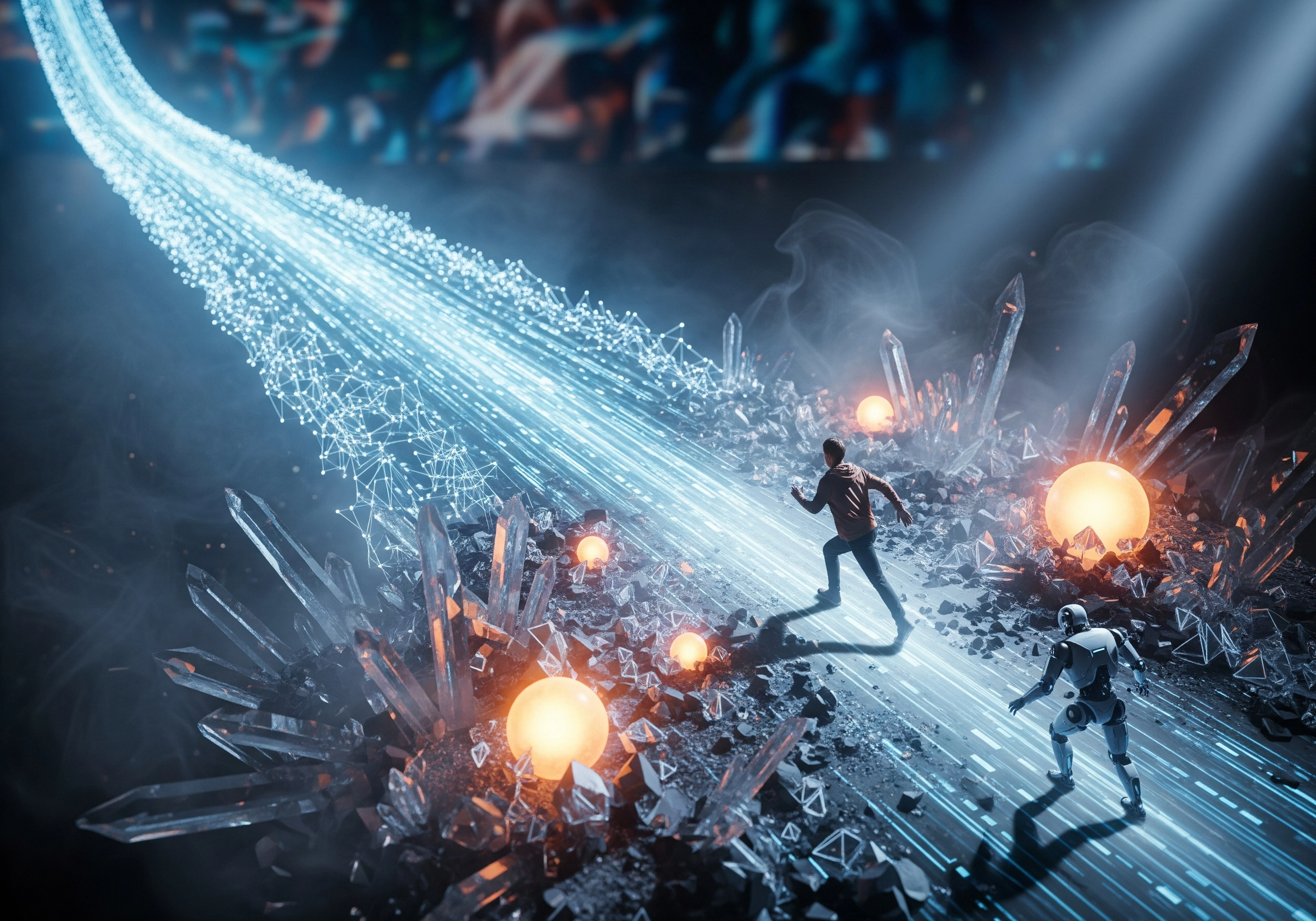 Man running on a path of light, pursued by a robot.