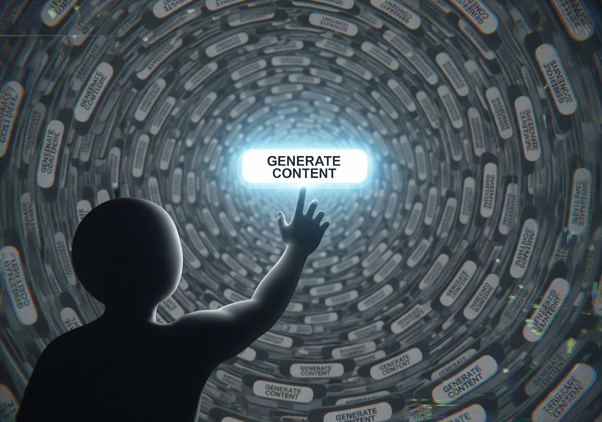 Silhouette of person touching a glowing 'Generate Content' button for AI blog posts.