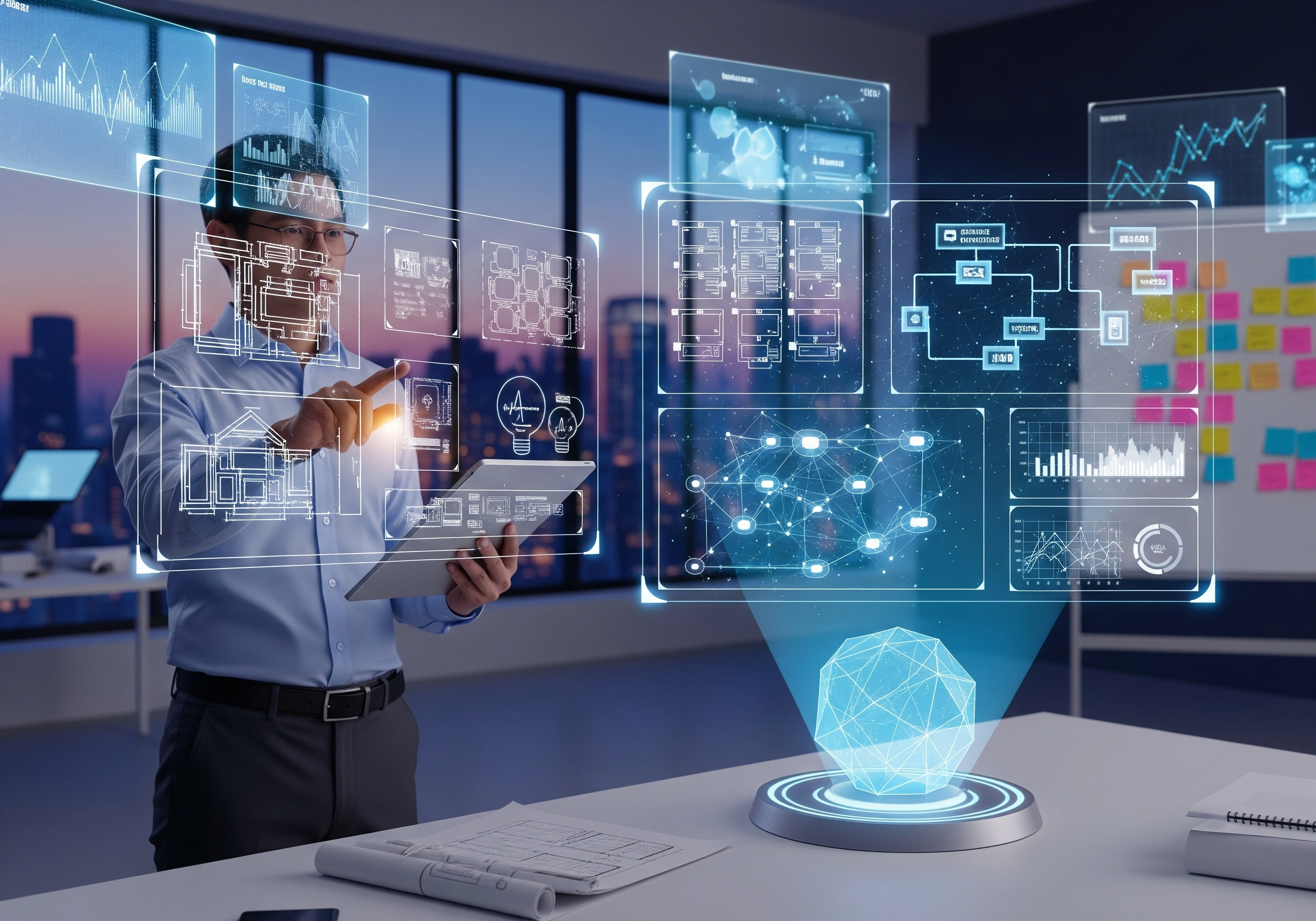 Man using holographic interface with AI content marketing data and workflow charts.