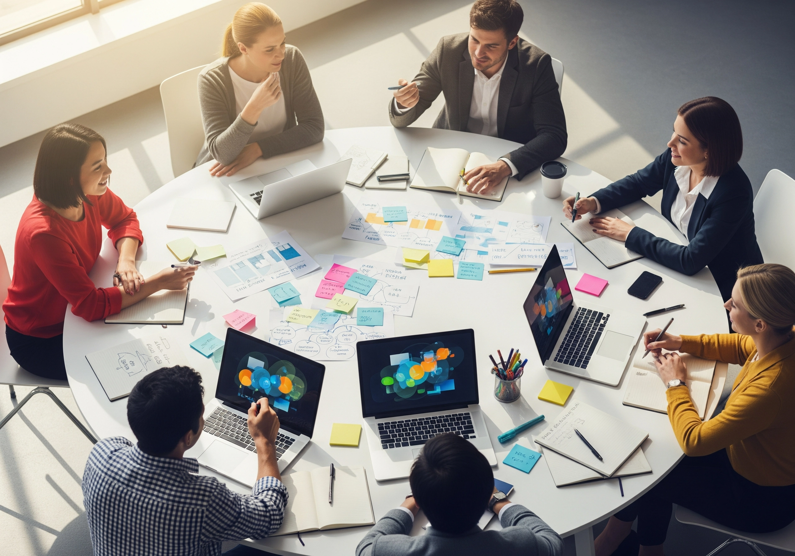 Team collaborating around a table using an AI SEO writer to create content.