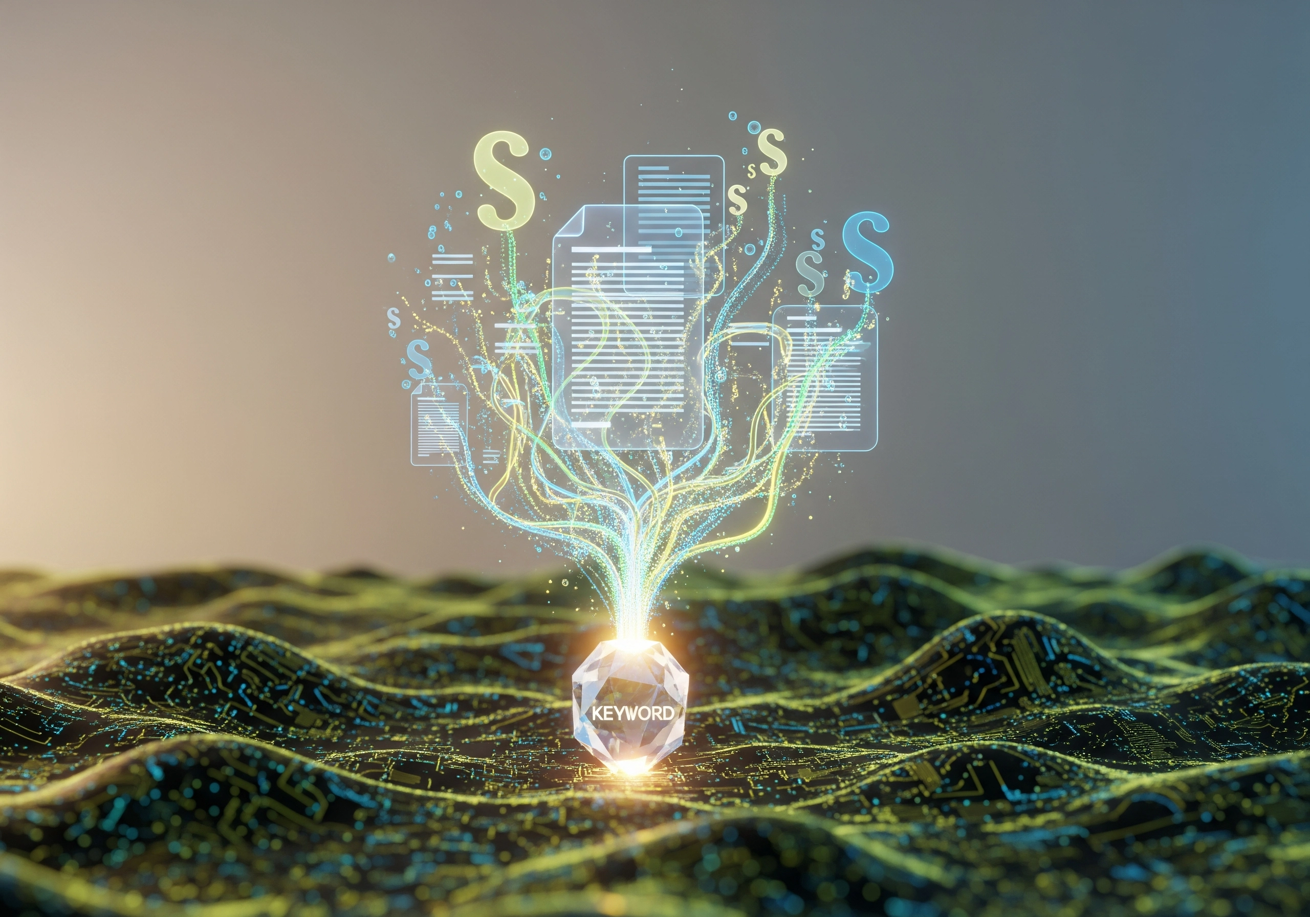 Abstract design representing keyword research and SEO content generation.