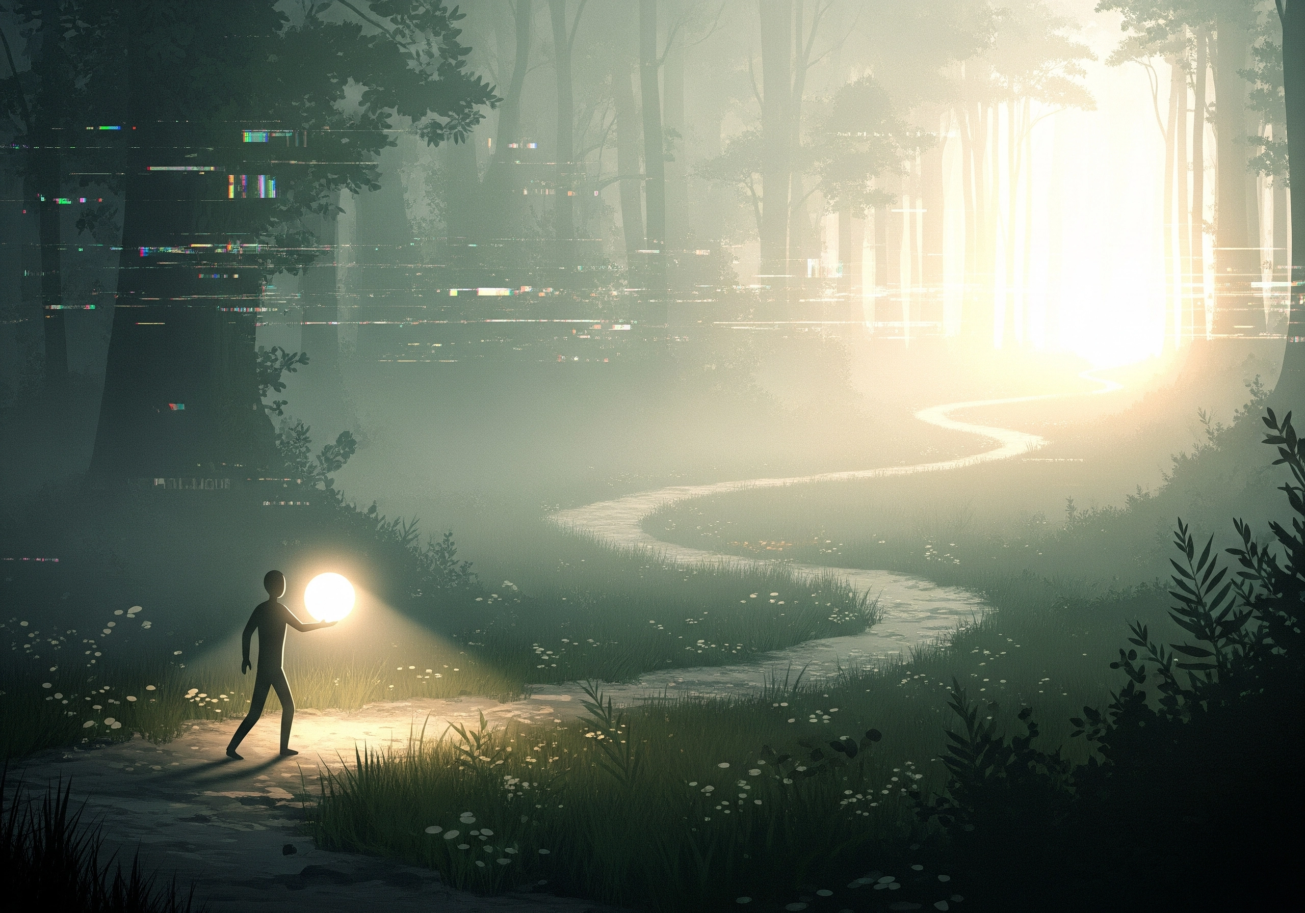 Person holding glowing orb in misty forest with digital glitch effect.
