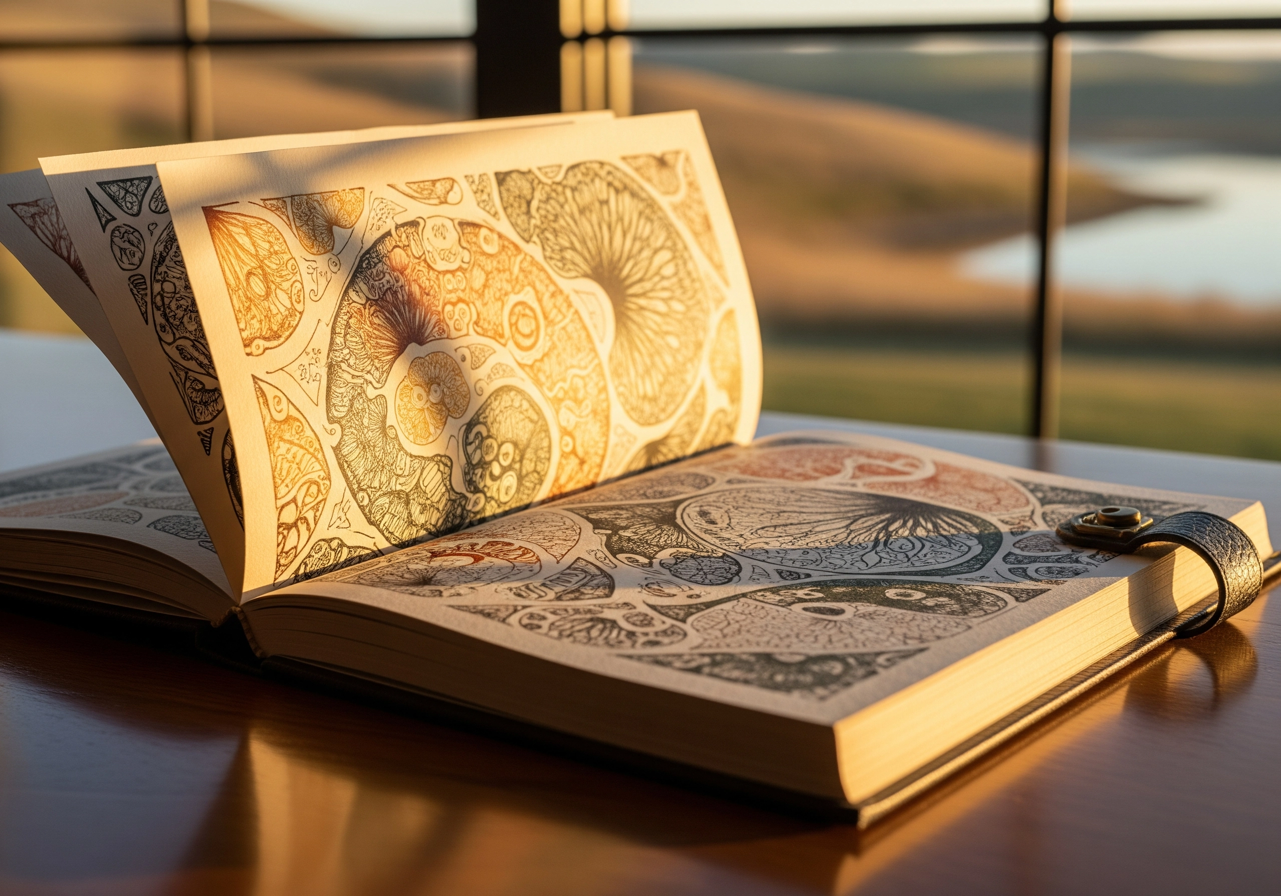 Open sketchbook with intricate floral and geometric patterns.