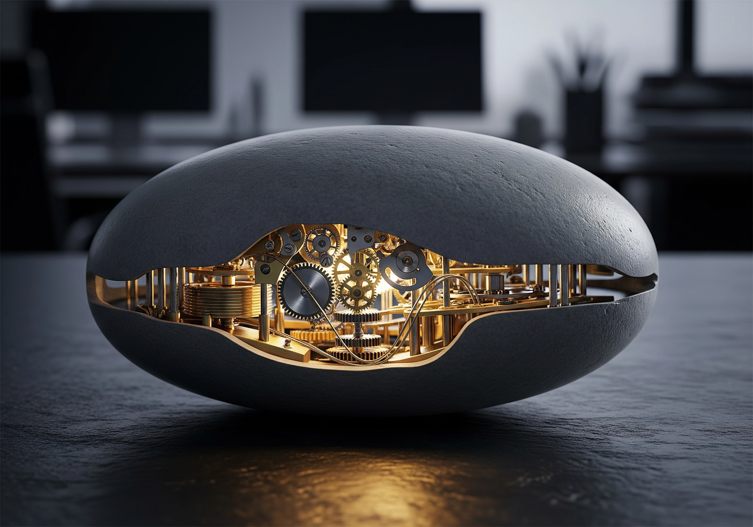 Steampunk-style mechanical gears encased in smooth gray shell.