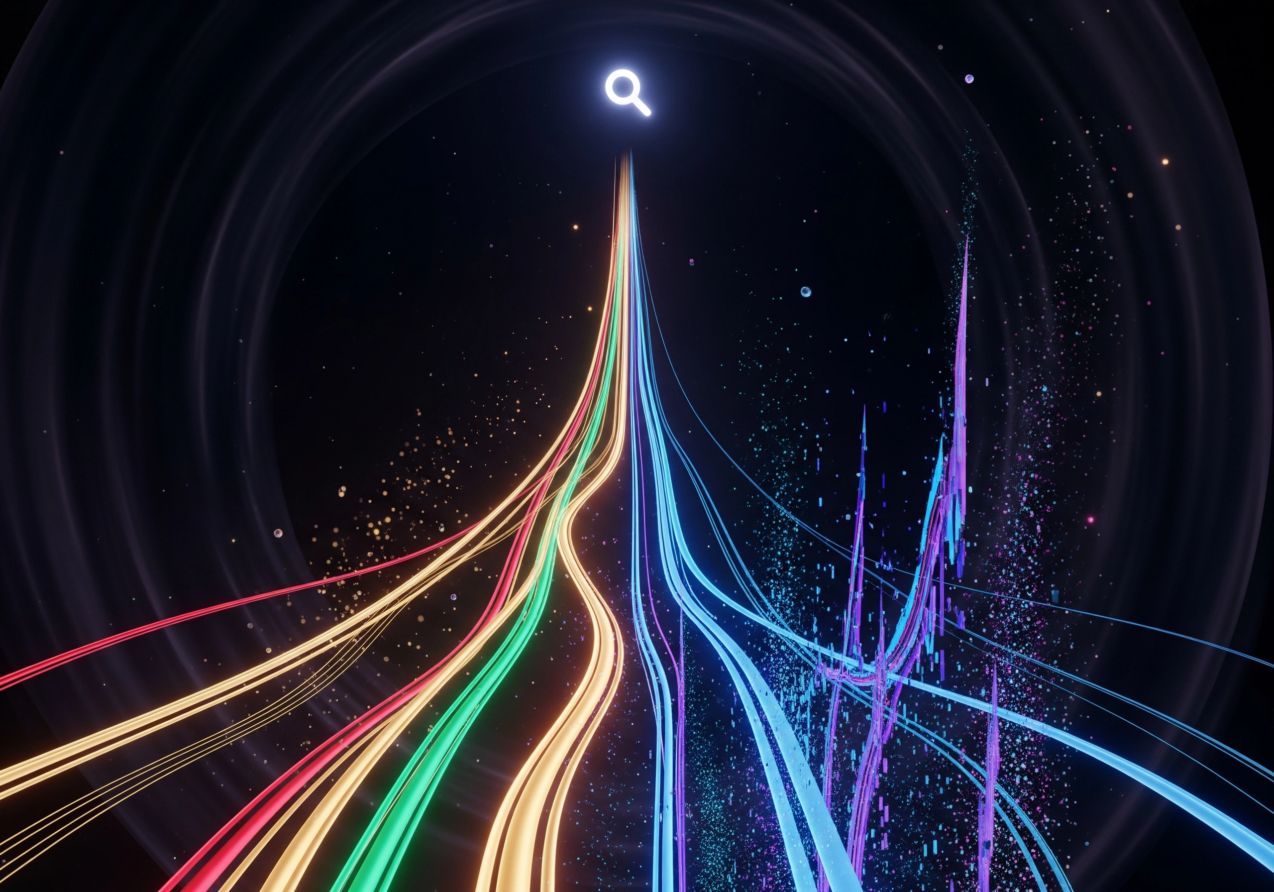 Abstract light trails leading to a search icon; traffic generation.