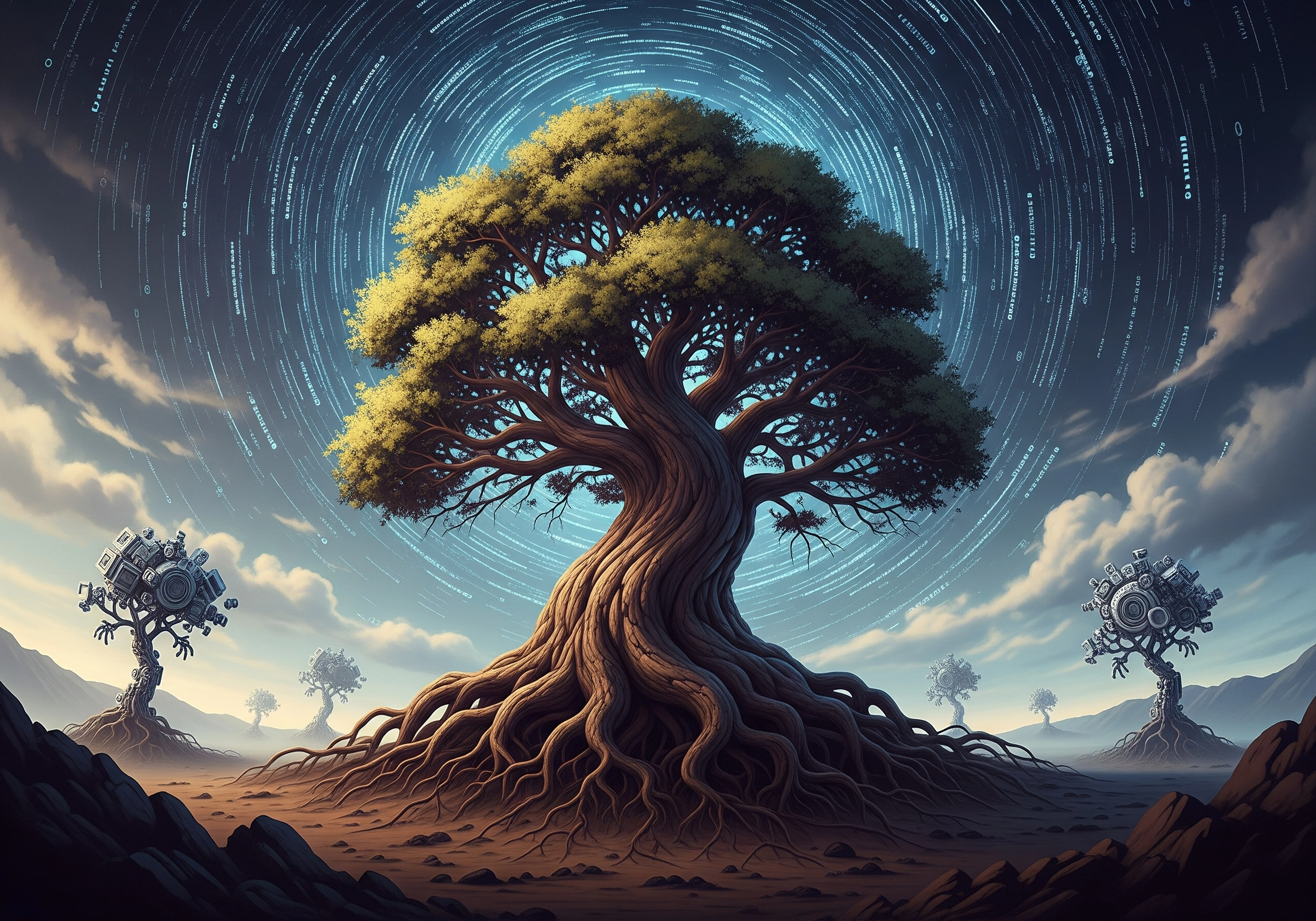 Large tree with twisting roots under swirling digital code sky.