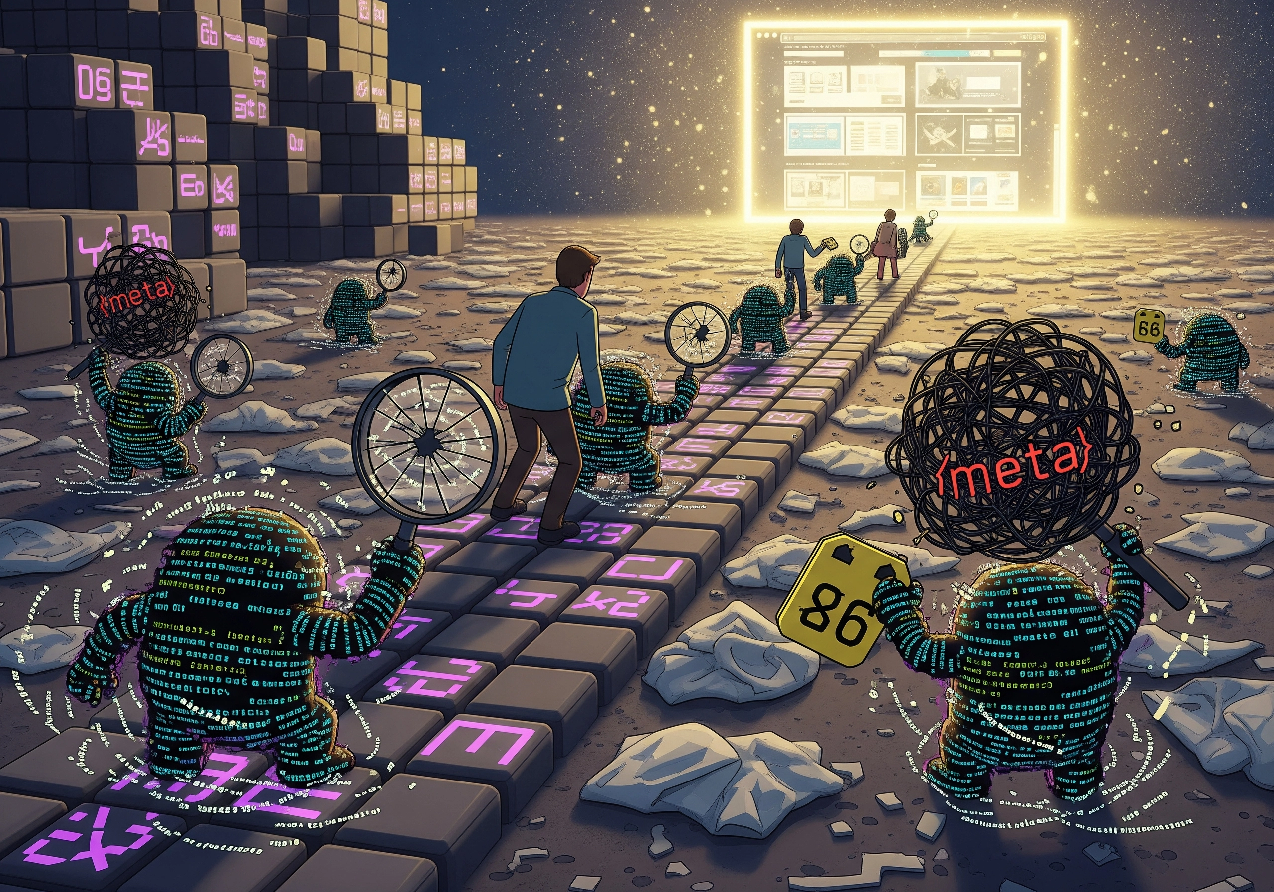 People walking towards a glowing SEO content website display on a path.