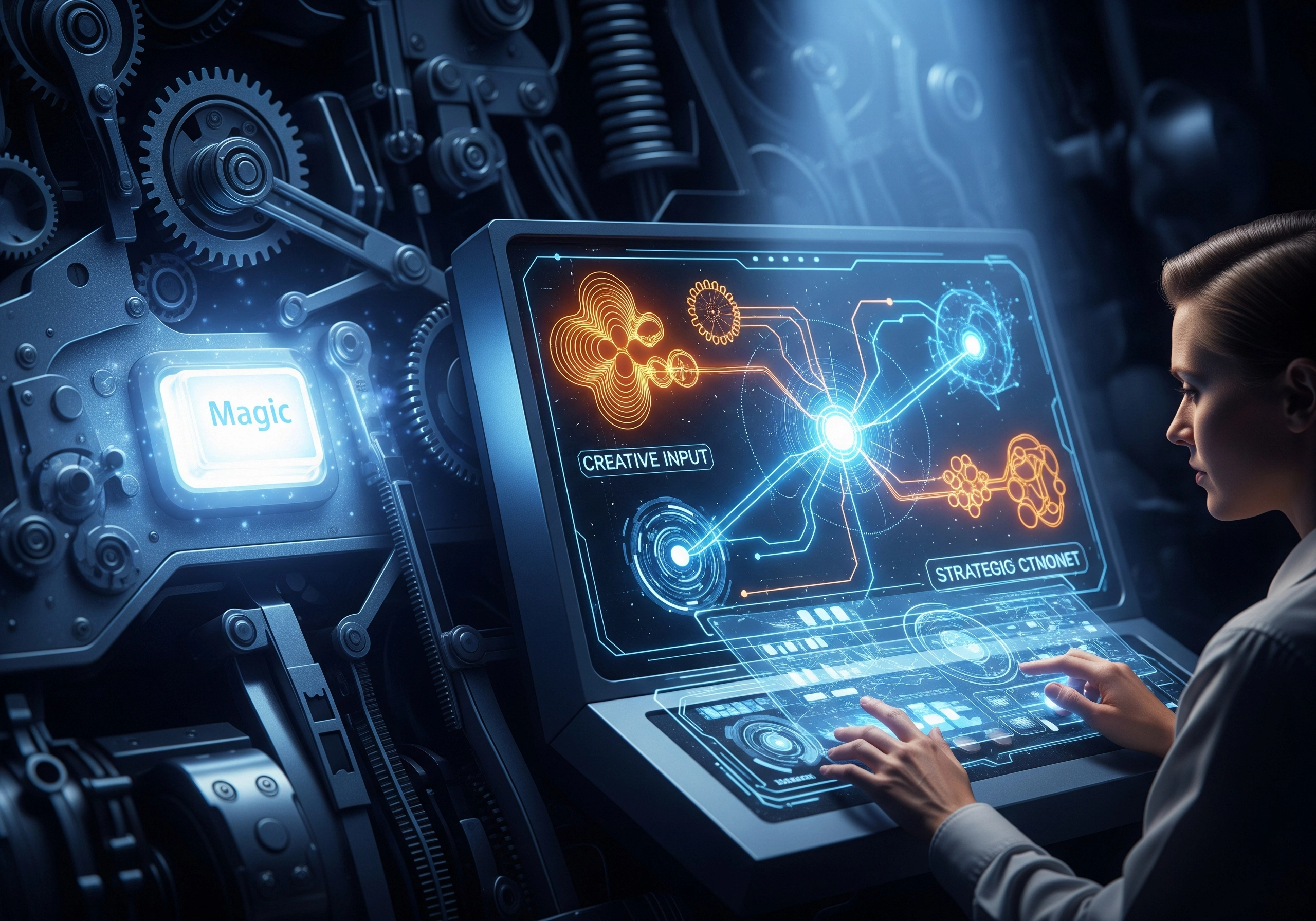Woman using a futuristic interface with 'Creative Input', representing an AI content tool explained.