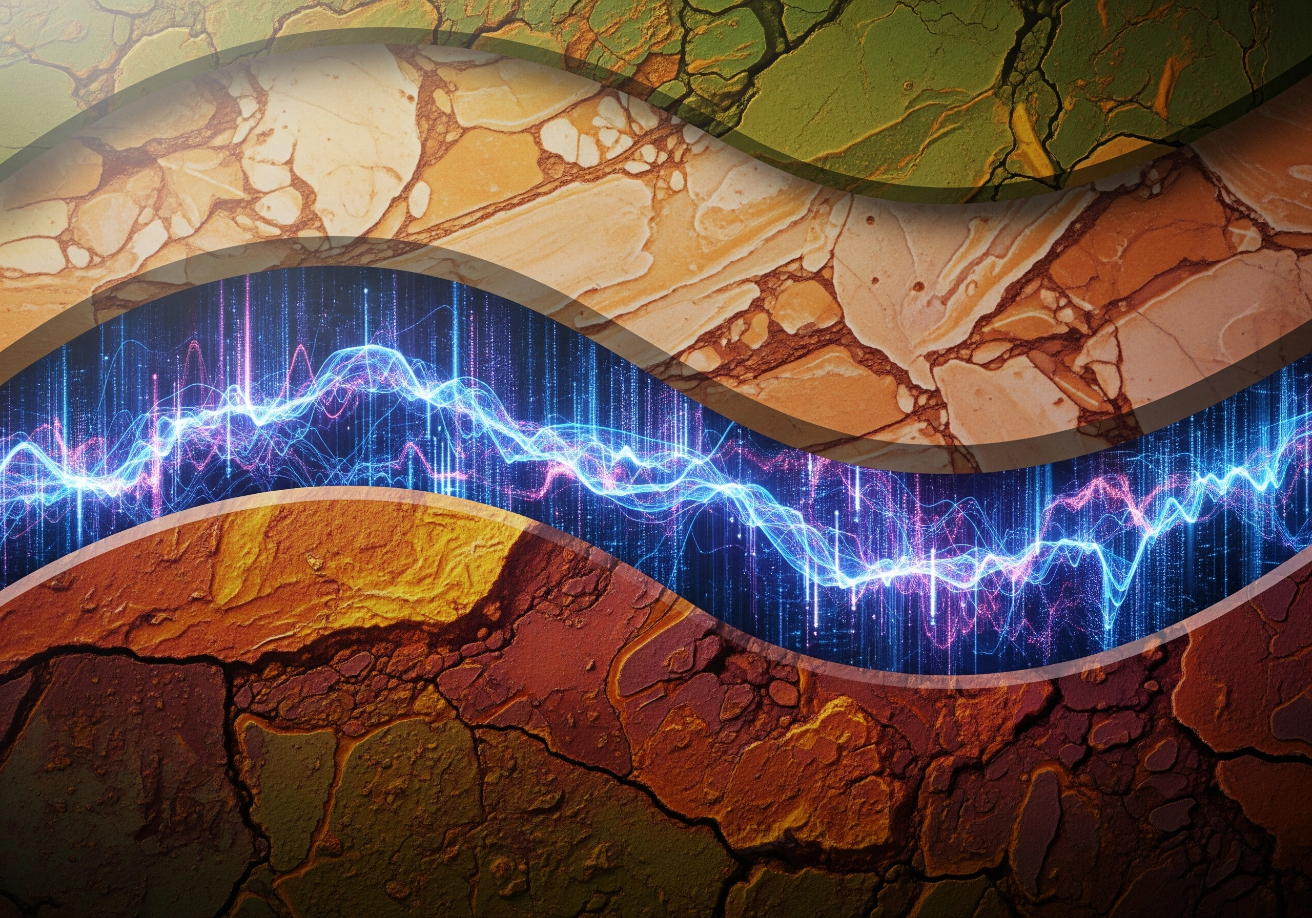 Abstract background with cracked textures and a blue waveform, visualizing AI content.