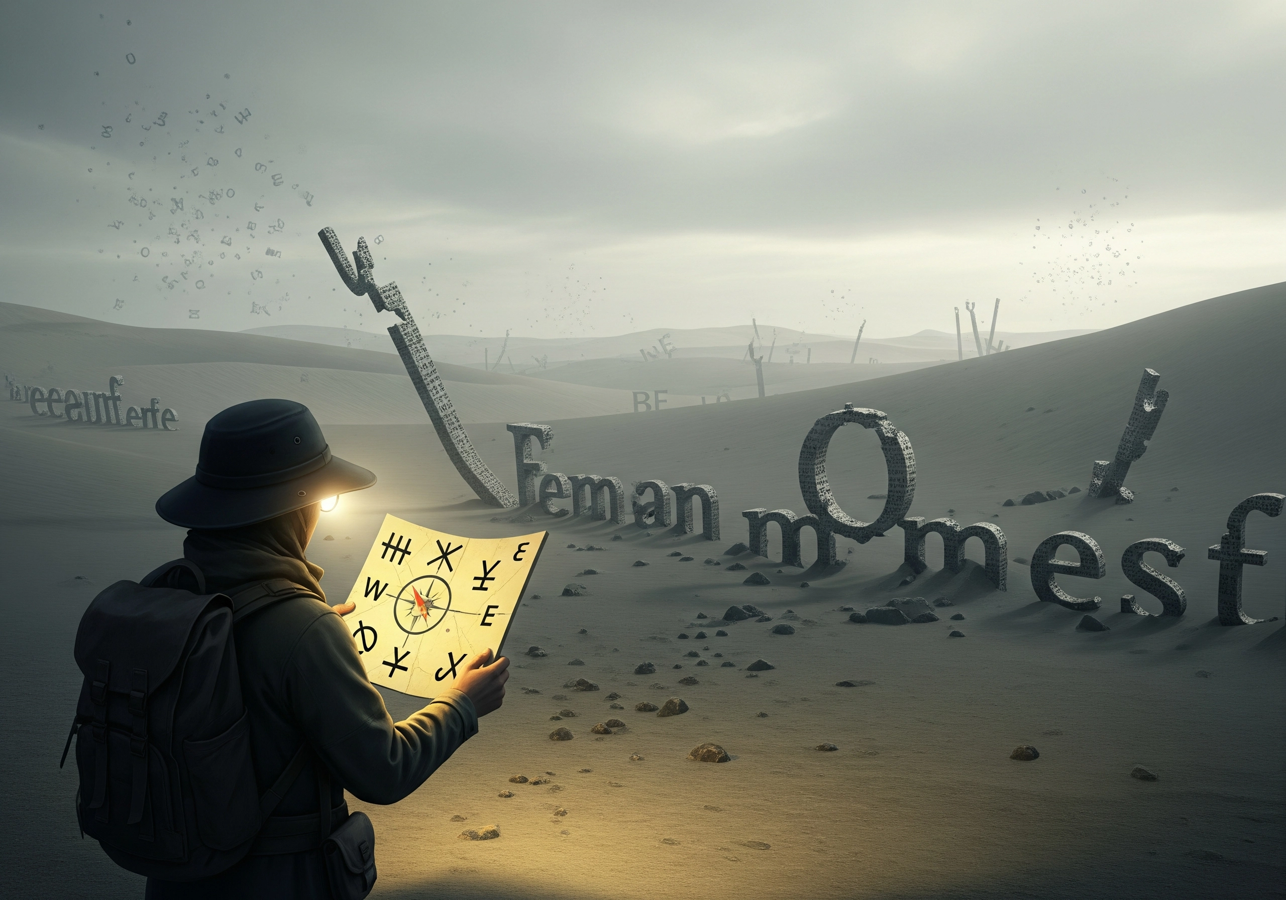 Person with a map in a surreal desert of scattered letters; metaphor for getting started with AI content.