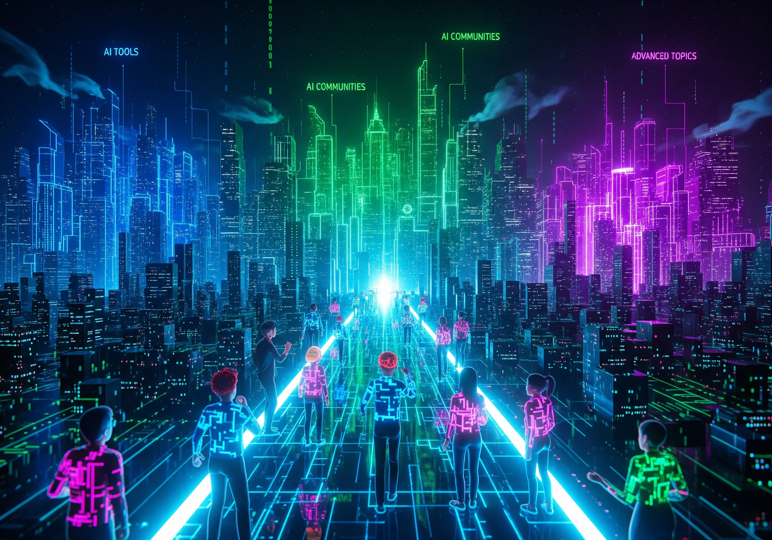 Abstract city with glowing figures representing AI tools, communities, and advanced topics; AI content explained.