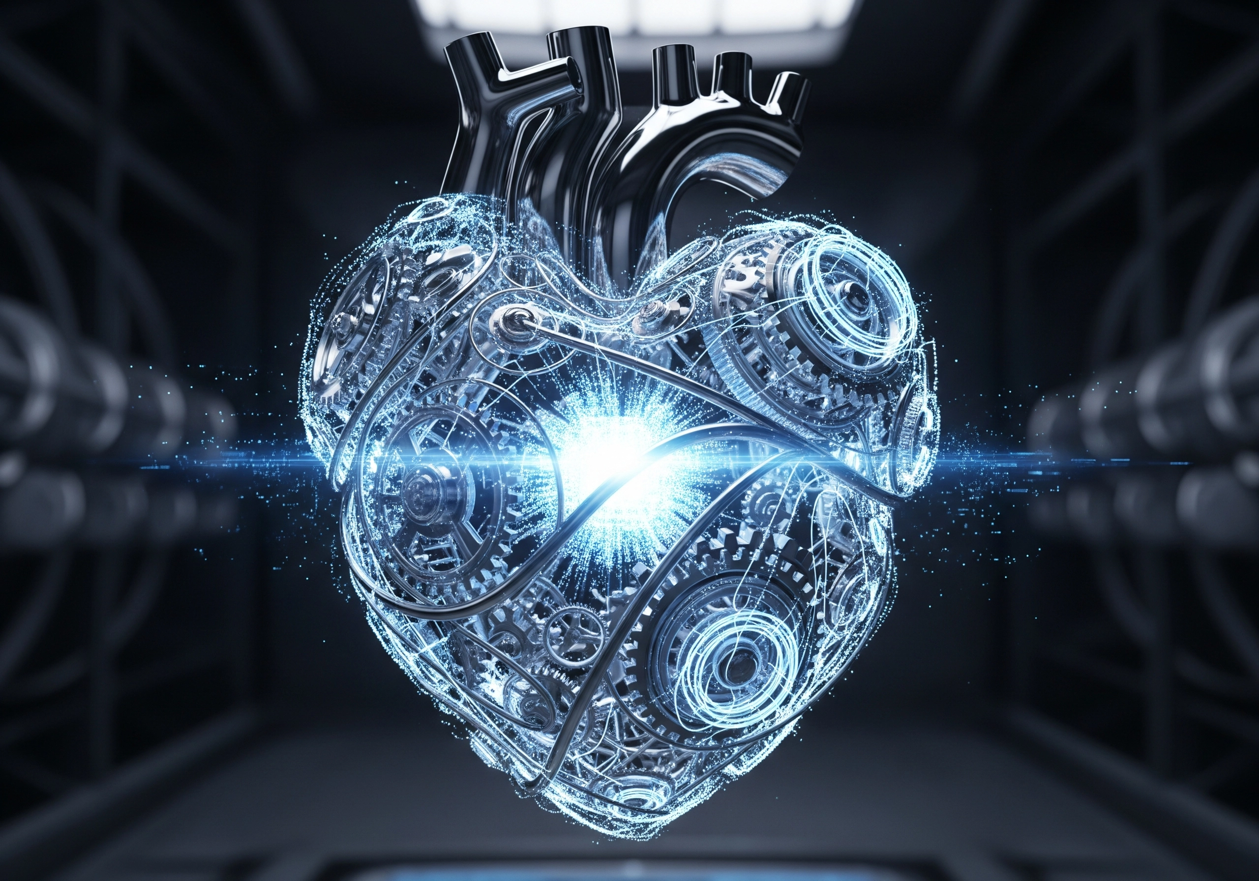 Mechanical heart with gears and glowing center, representing AI in SEO automation.