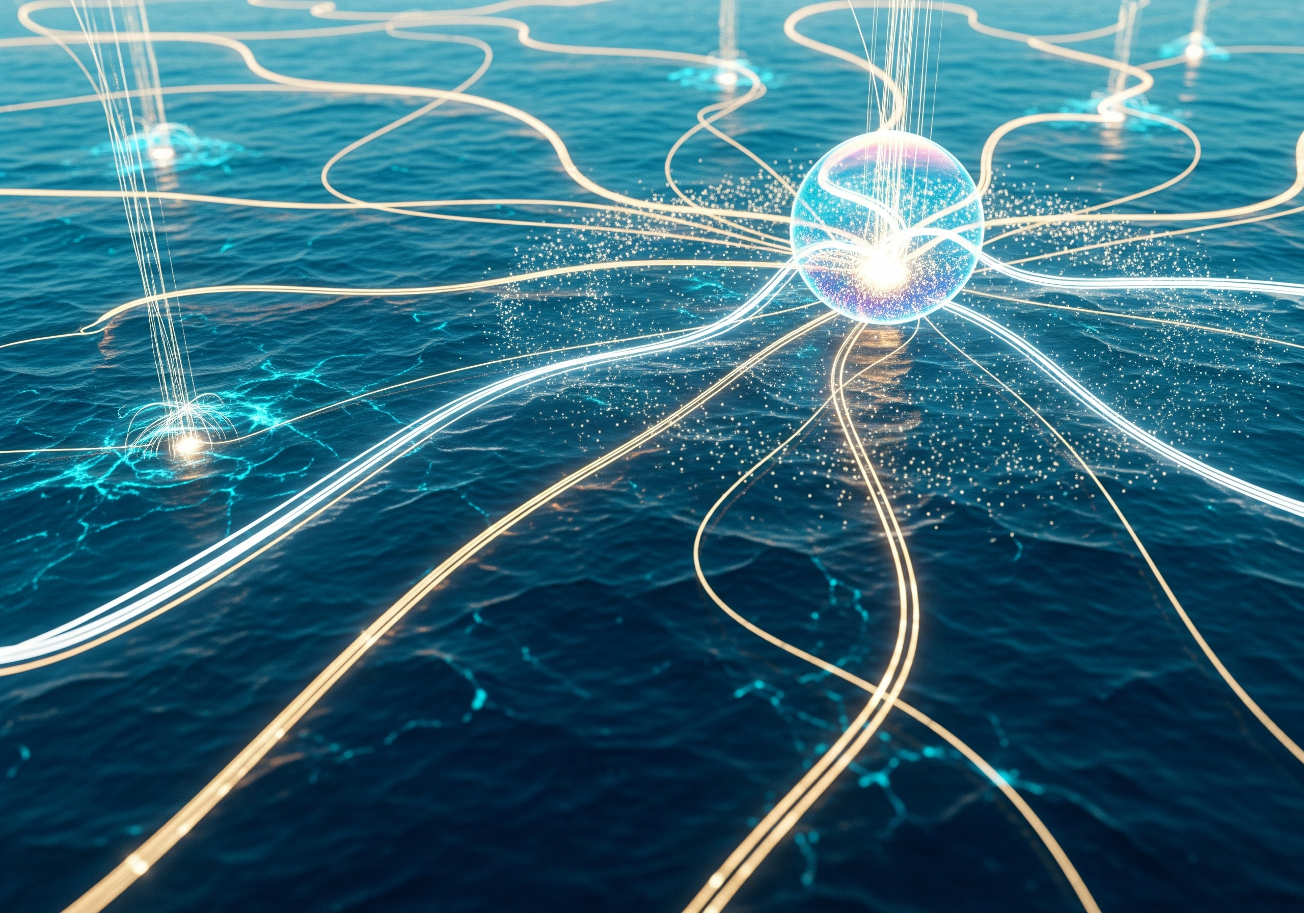 Abstract network of light over water, symbolizing automated keyword research and connections.