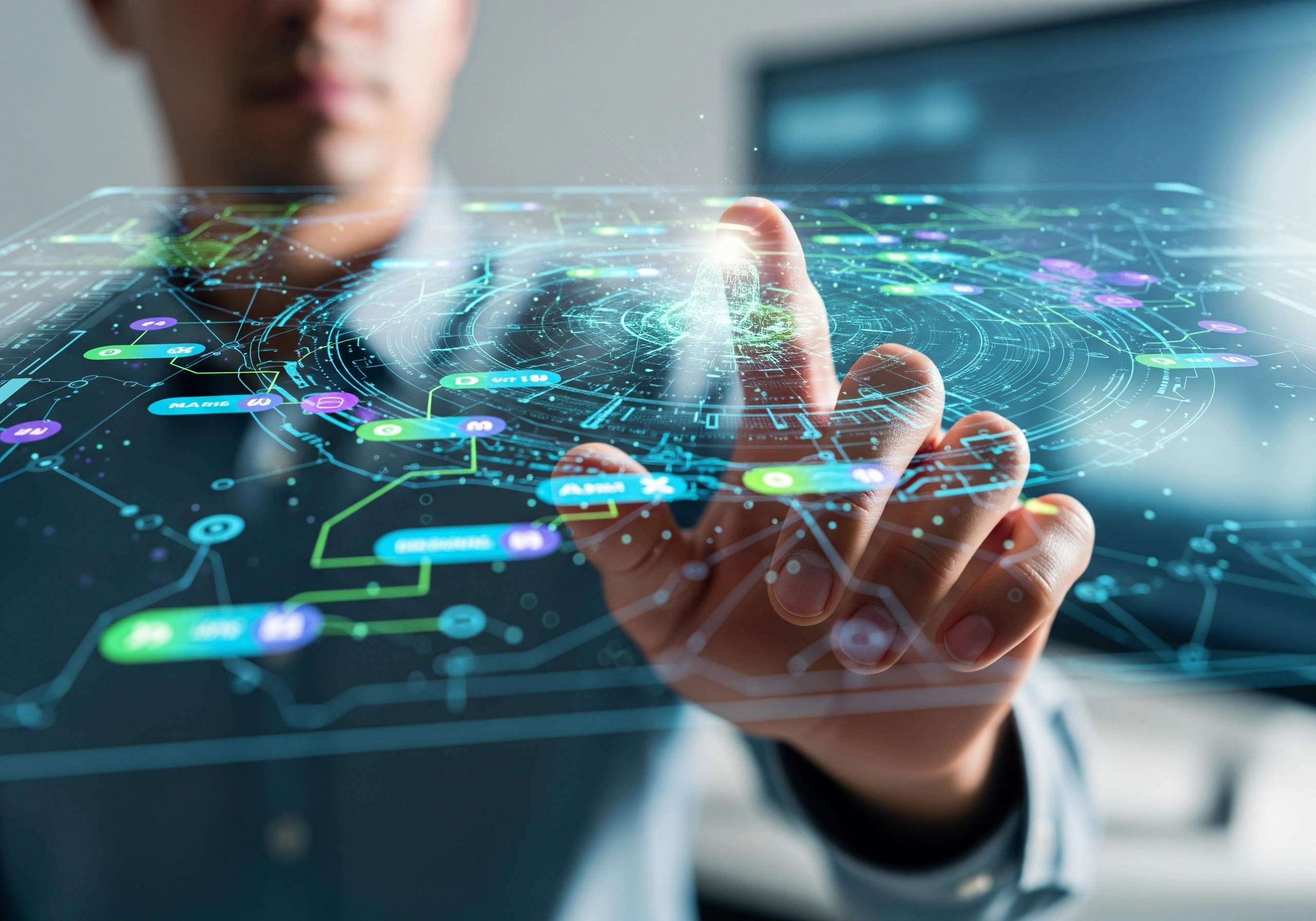 Hand interacting with a digital interface, representing AI in SEO automation process.