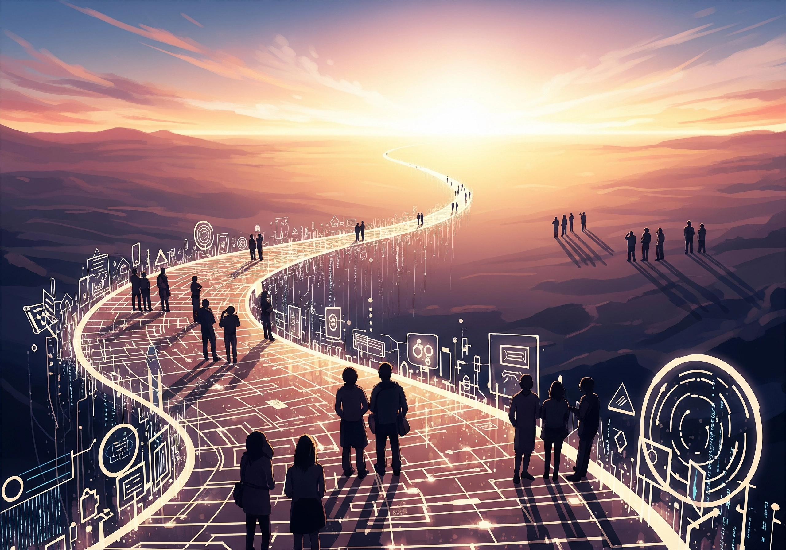 People walking on digital pathways, representing the future of automated SEO tools.