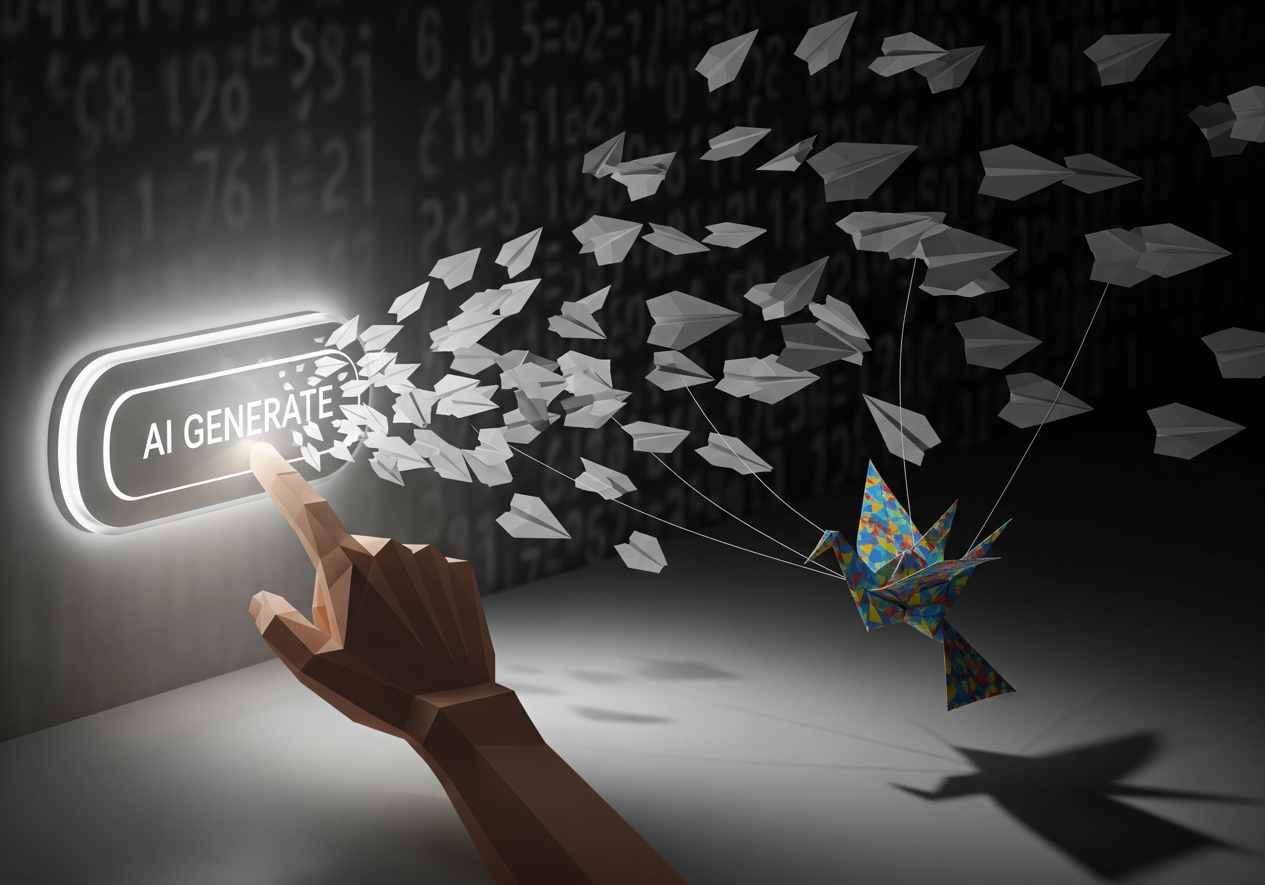 Finger pressing 'AI Generate' button, paper airplanes taking flight, symbolizing blog content automation.