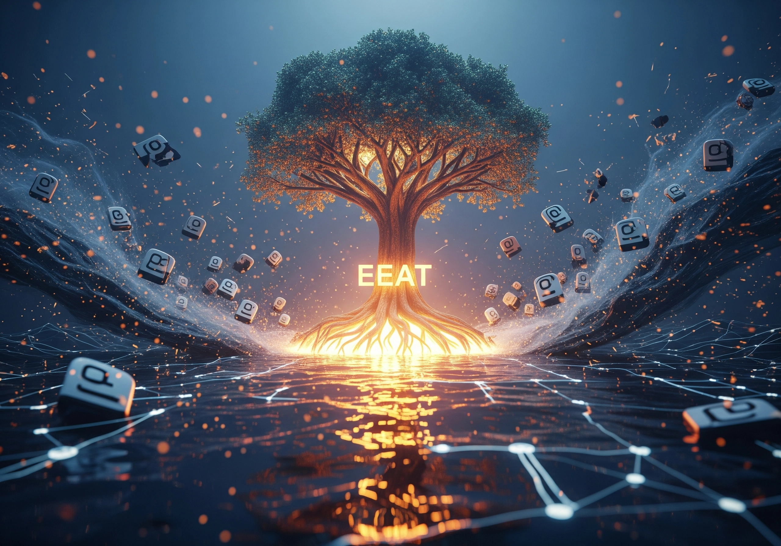 Tree with 'EEAT' text, glowing roots and floating icons, representing smart blog content strategy.