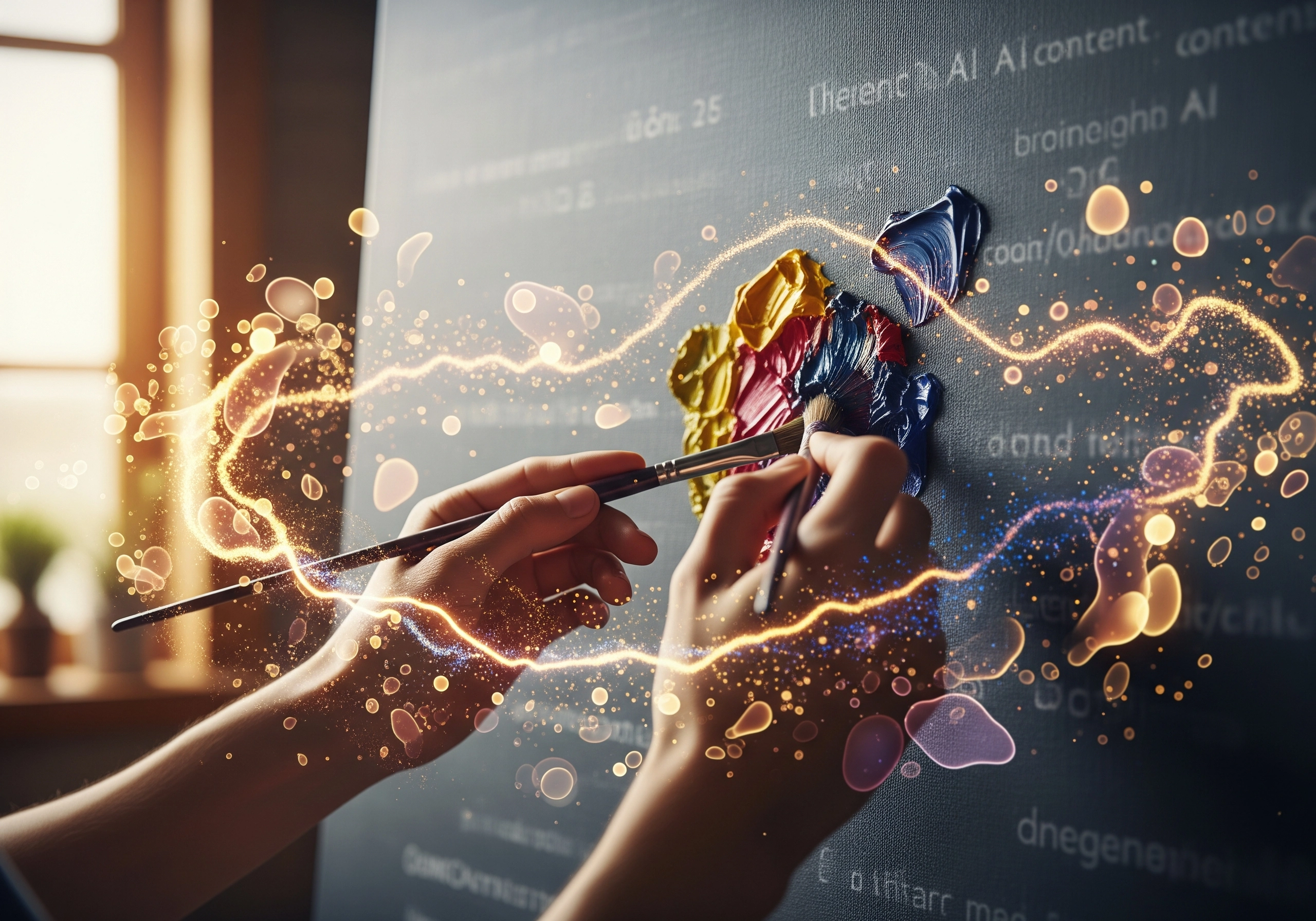 Artist's hands painting AI content concepts with vibrant colors on a dark canvas.