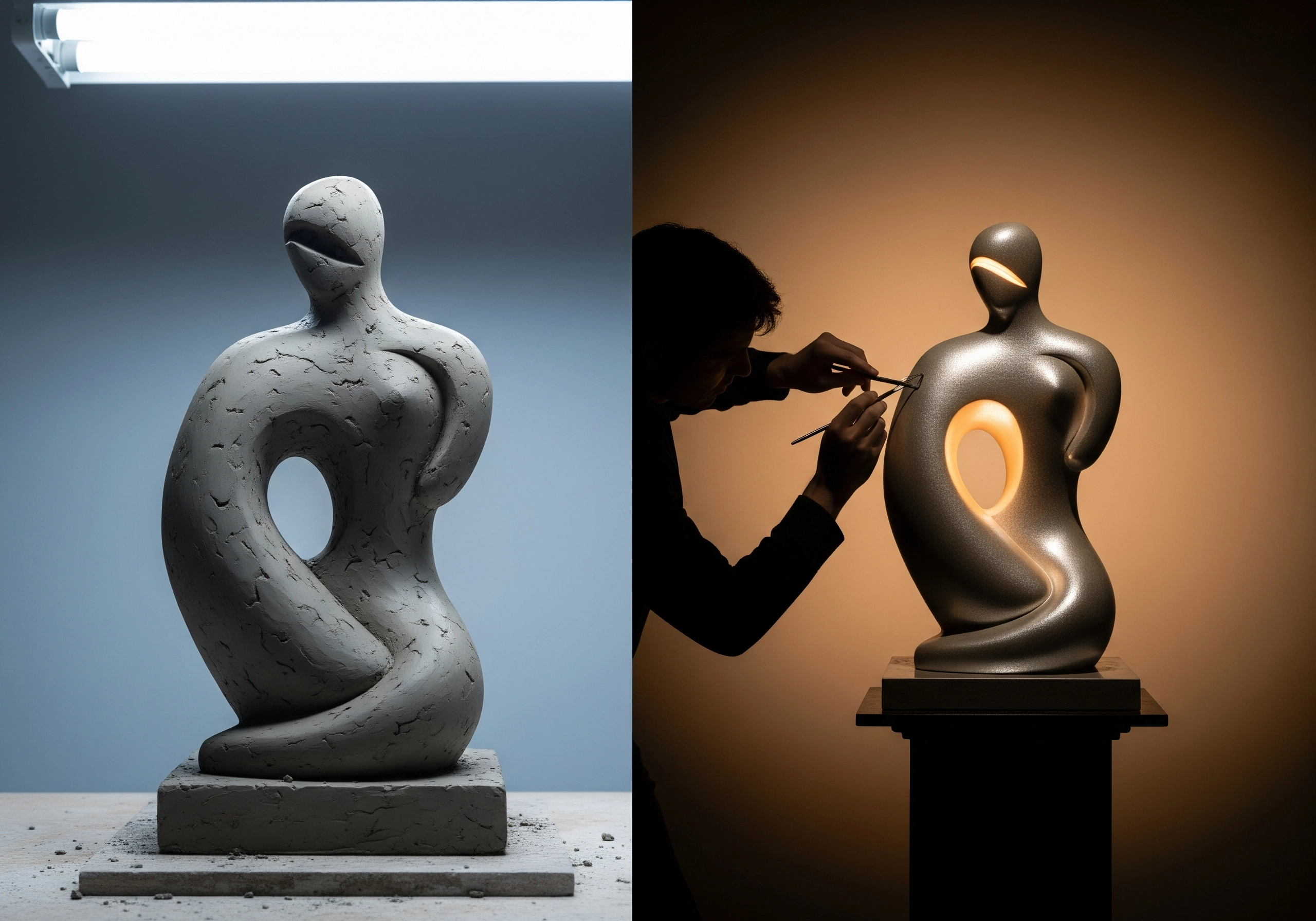 Sculptor refining a modern clay figure; finished sculpture with internal light.