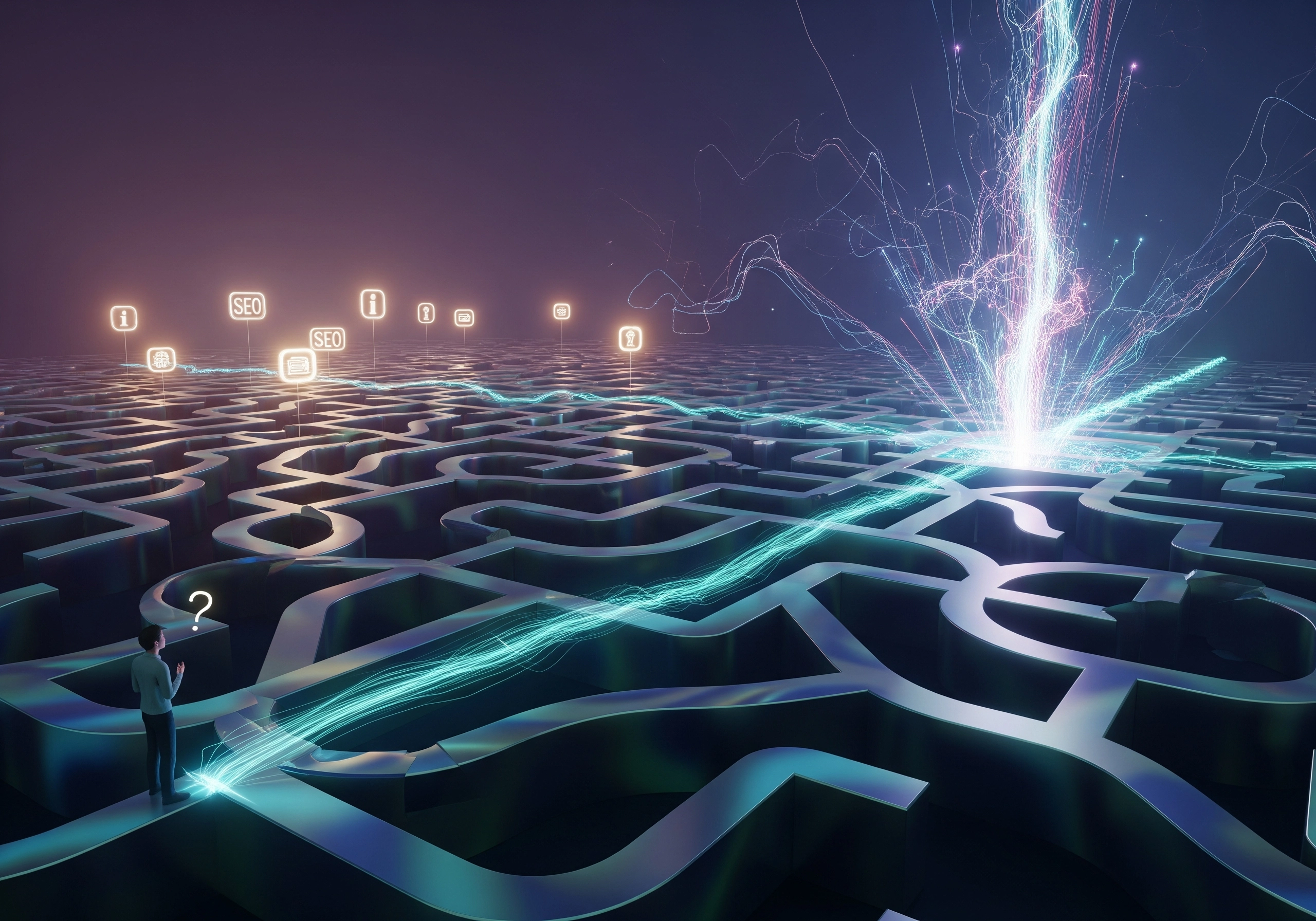 Person at the start of a maze using AI writing software for SEO guidance.