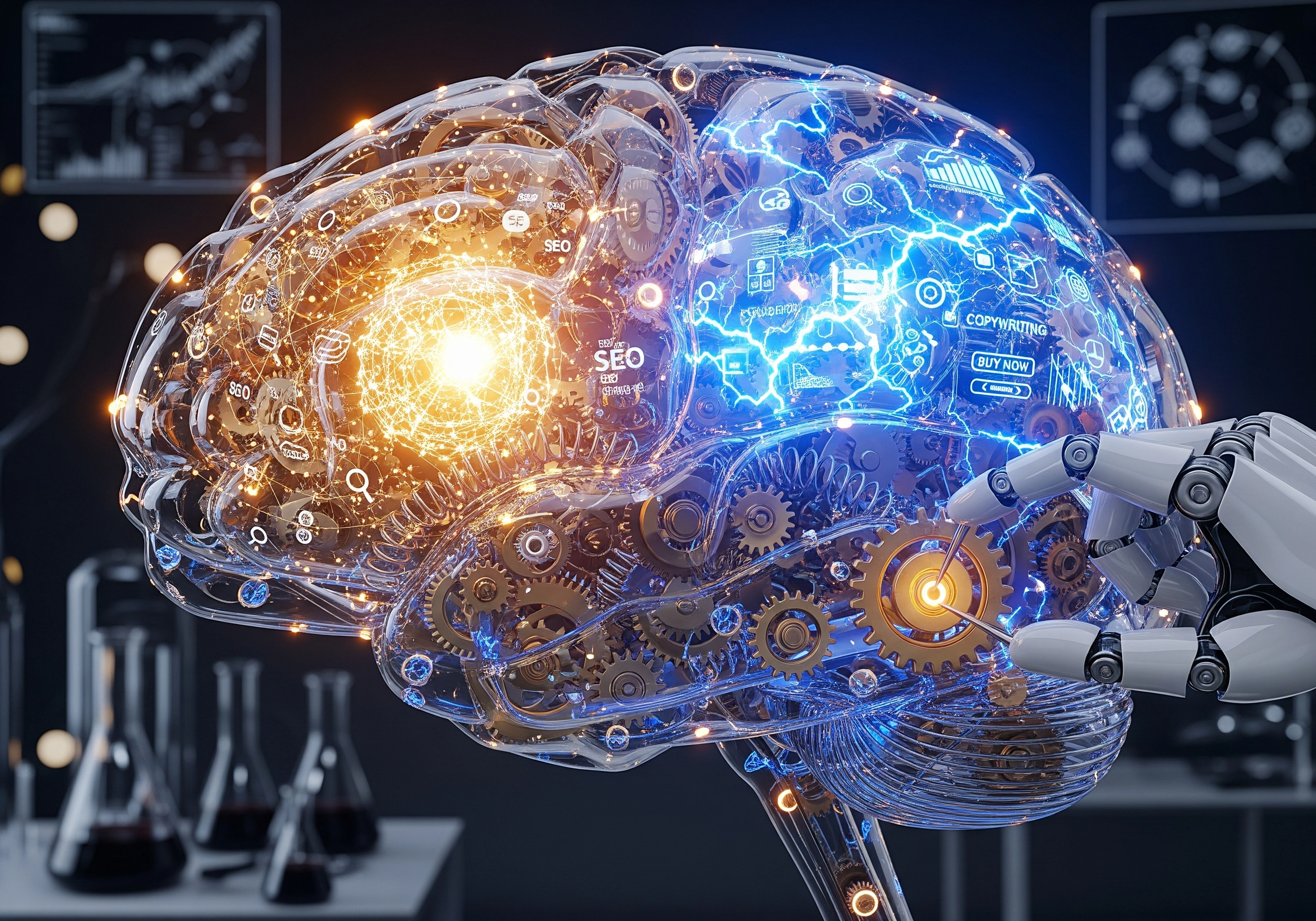 AI brain model showing content creation and copywriting functions.