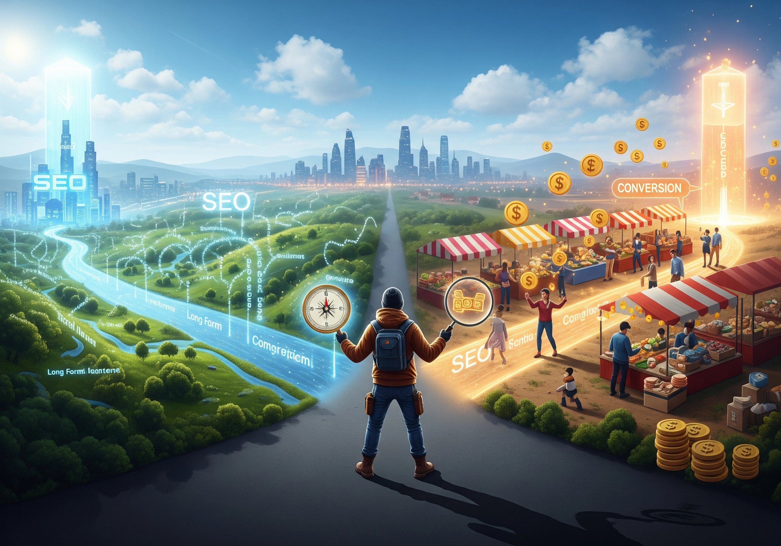 Person choosing between SEO and conversion paths, representing AI content tools vs copywriting software.