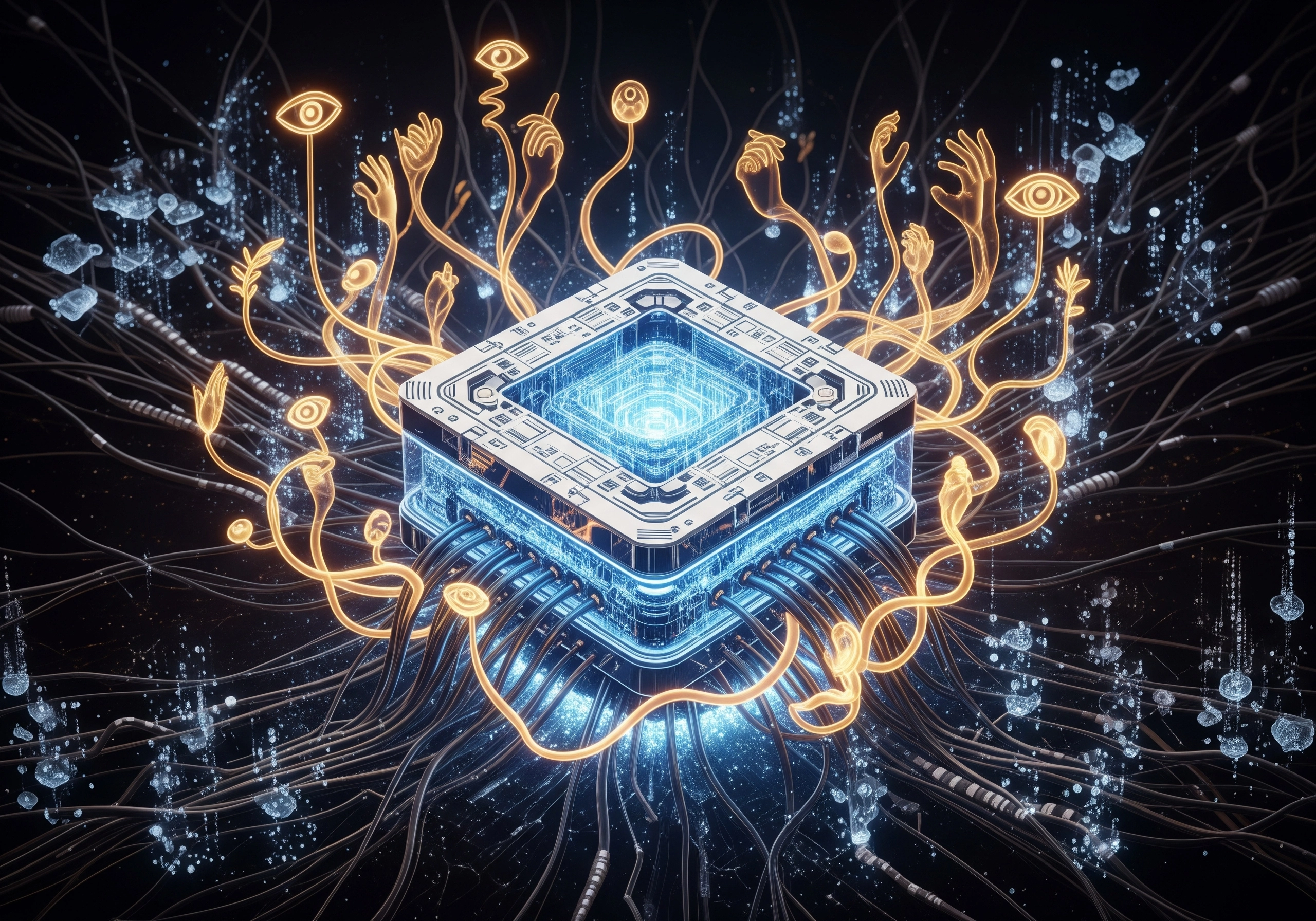 Glowing blue and white AI chip with radiating gold neural network connections on black background.