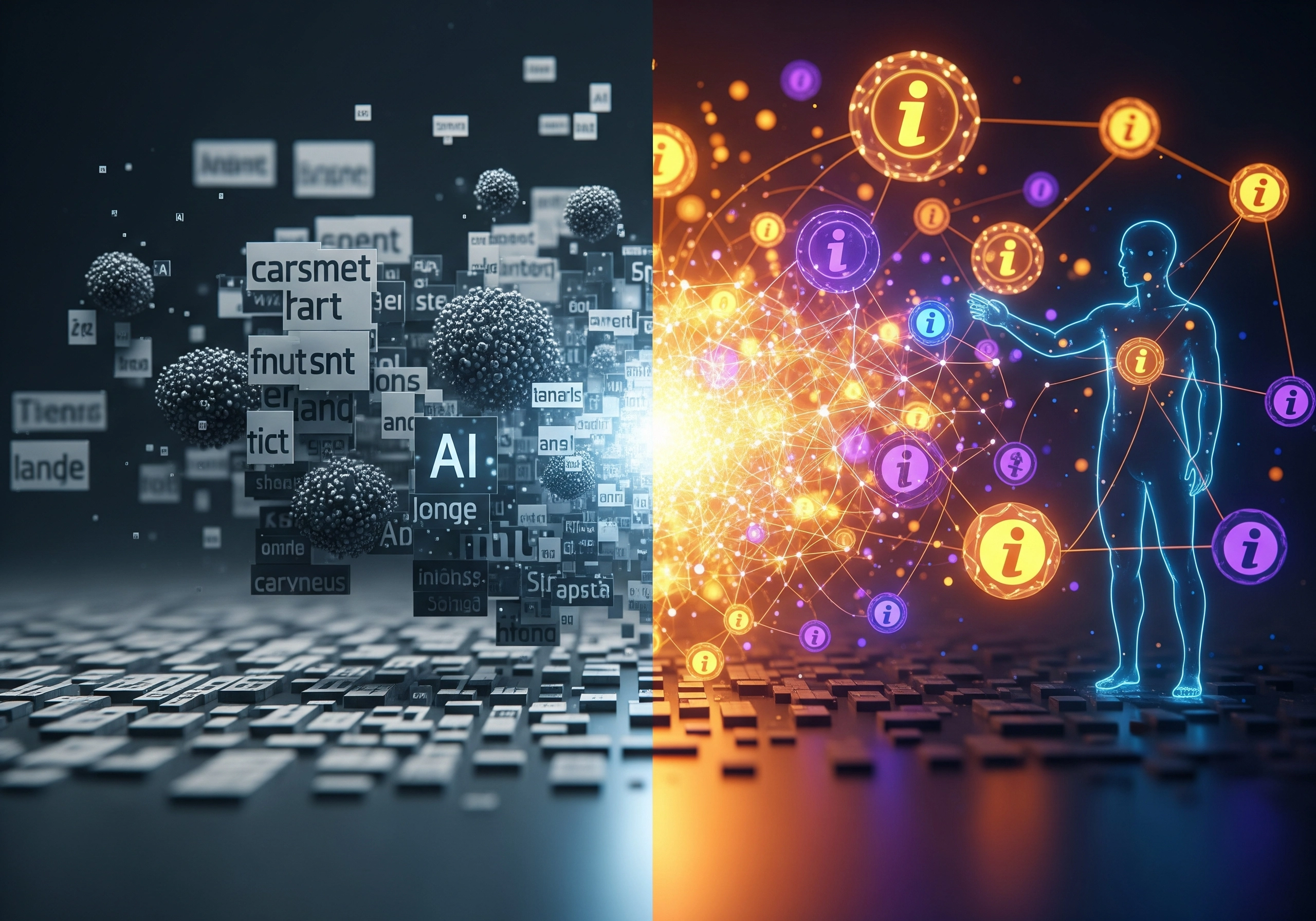 AI content generation concept art showing text and a human figure with info icons.