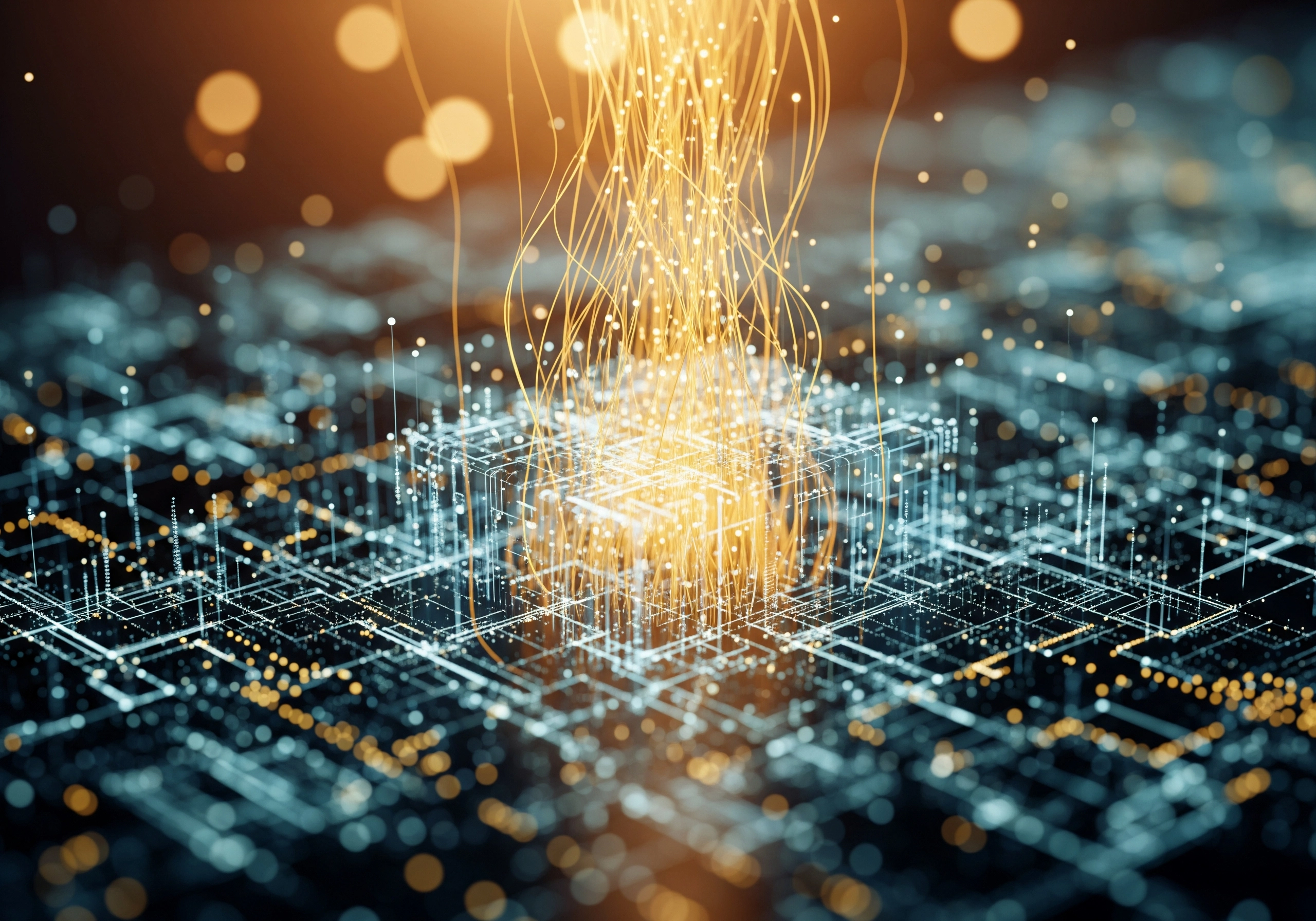 Abstract digital network with golden lights, illustrating advanced SEO content generation.