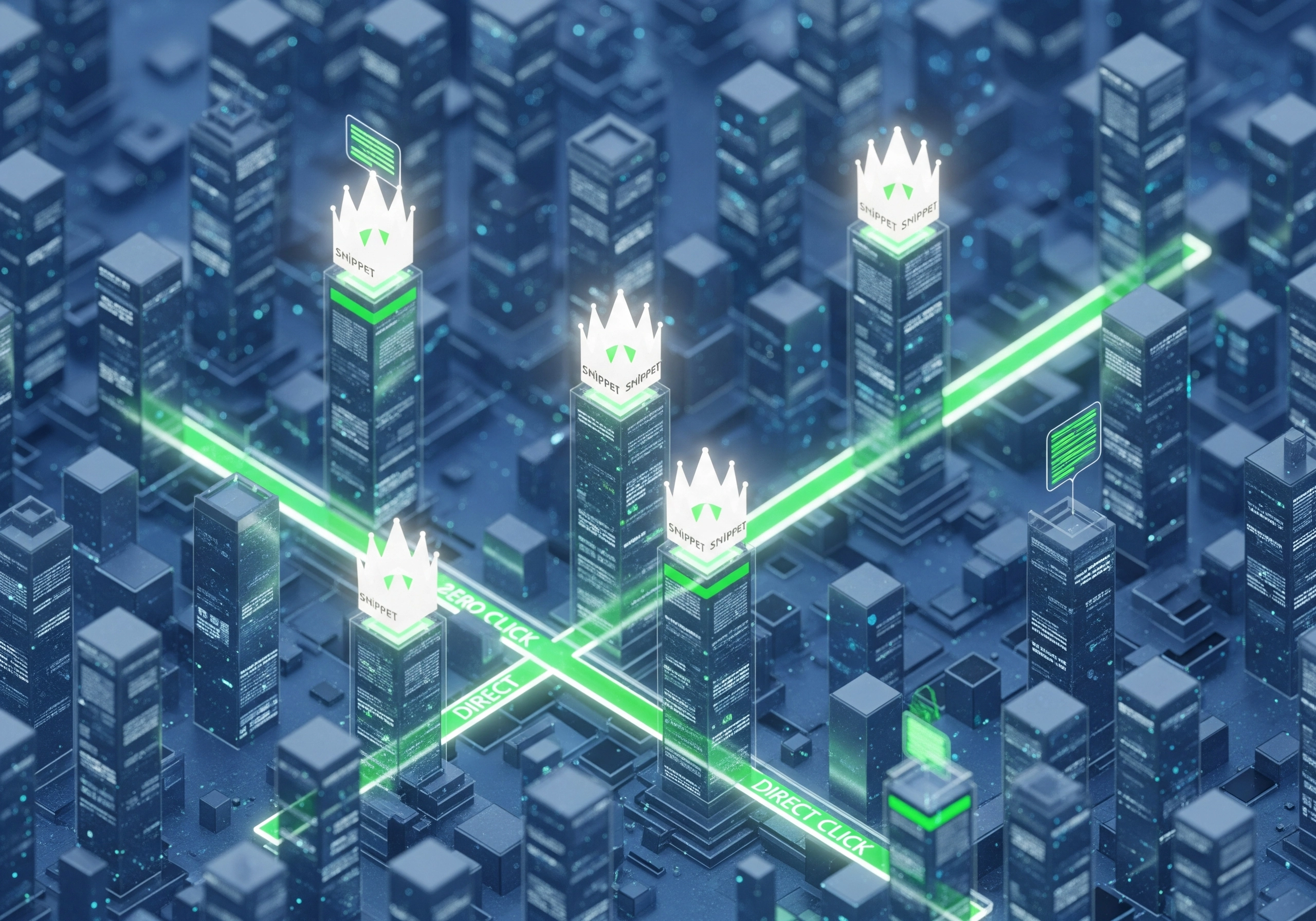 Abstract SEO content tool concept with buildings and glowing snippets.