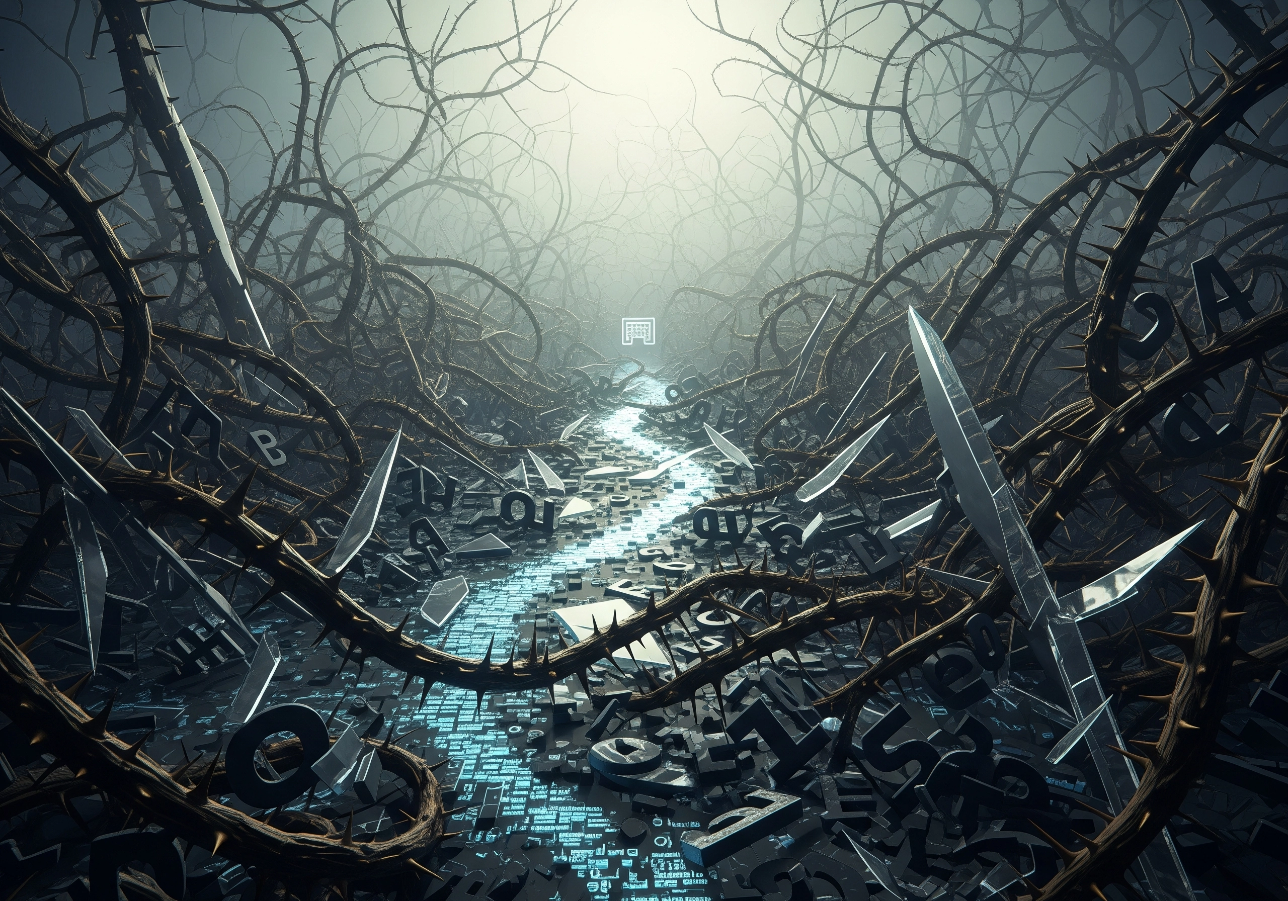 Tangled thorn branches with scattered letters; conceptual pathway image.