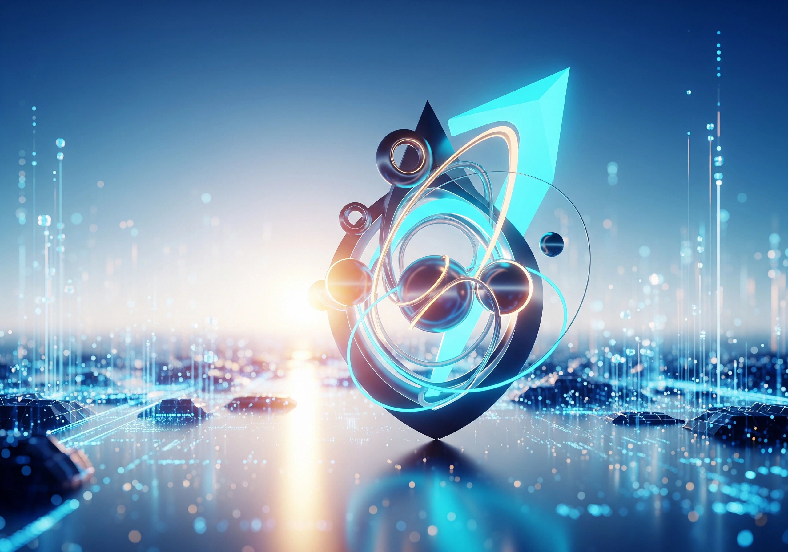 Abstract blue arrow and rings hovering above futuristic city lights.