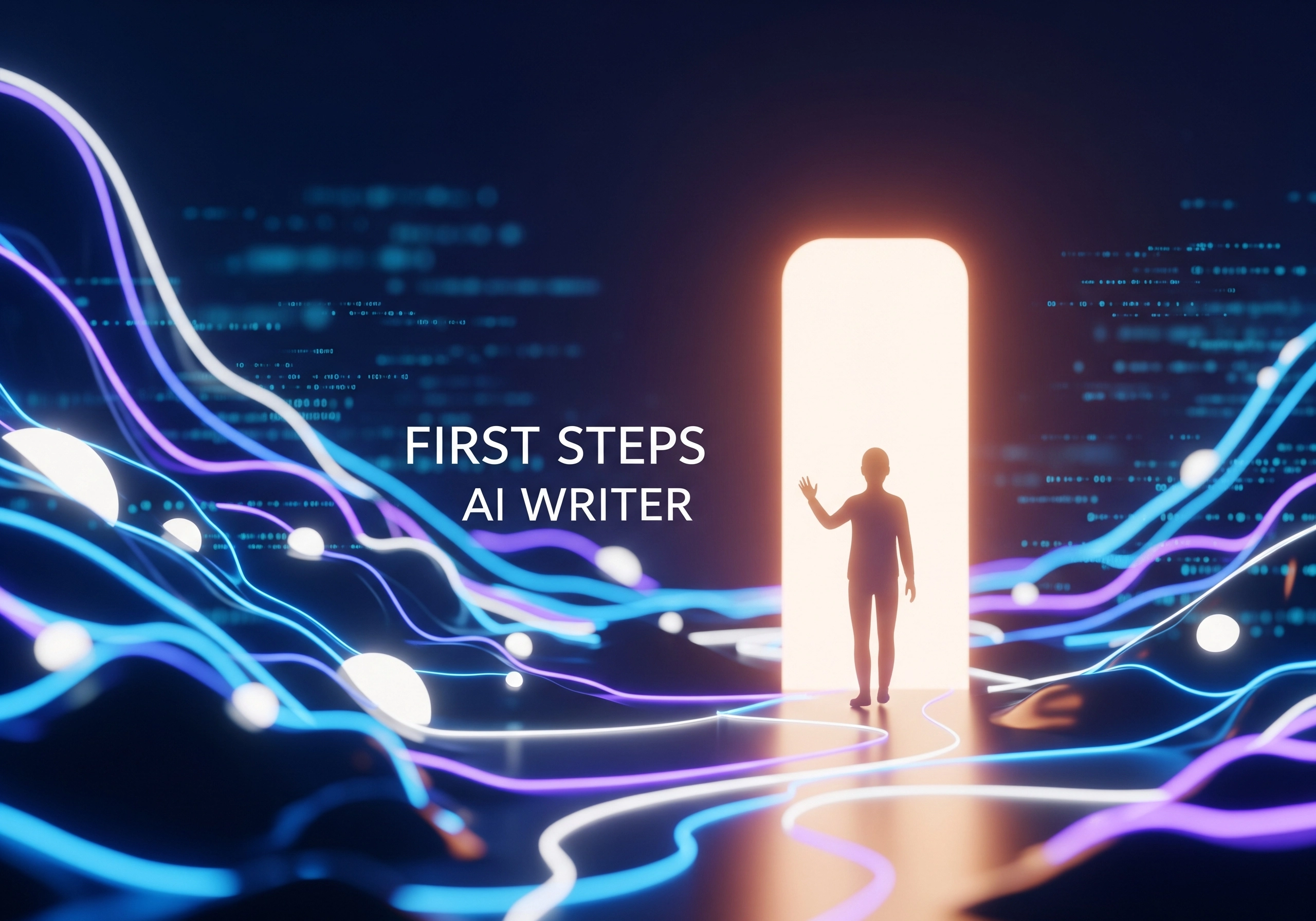 Abstract background with text 'First Steps AI Writer' and a figure in a doorway.