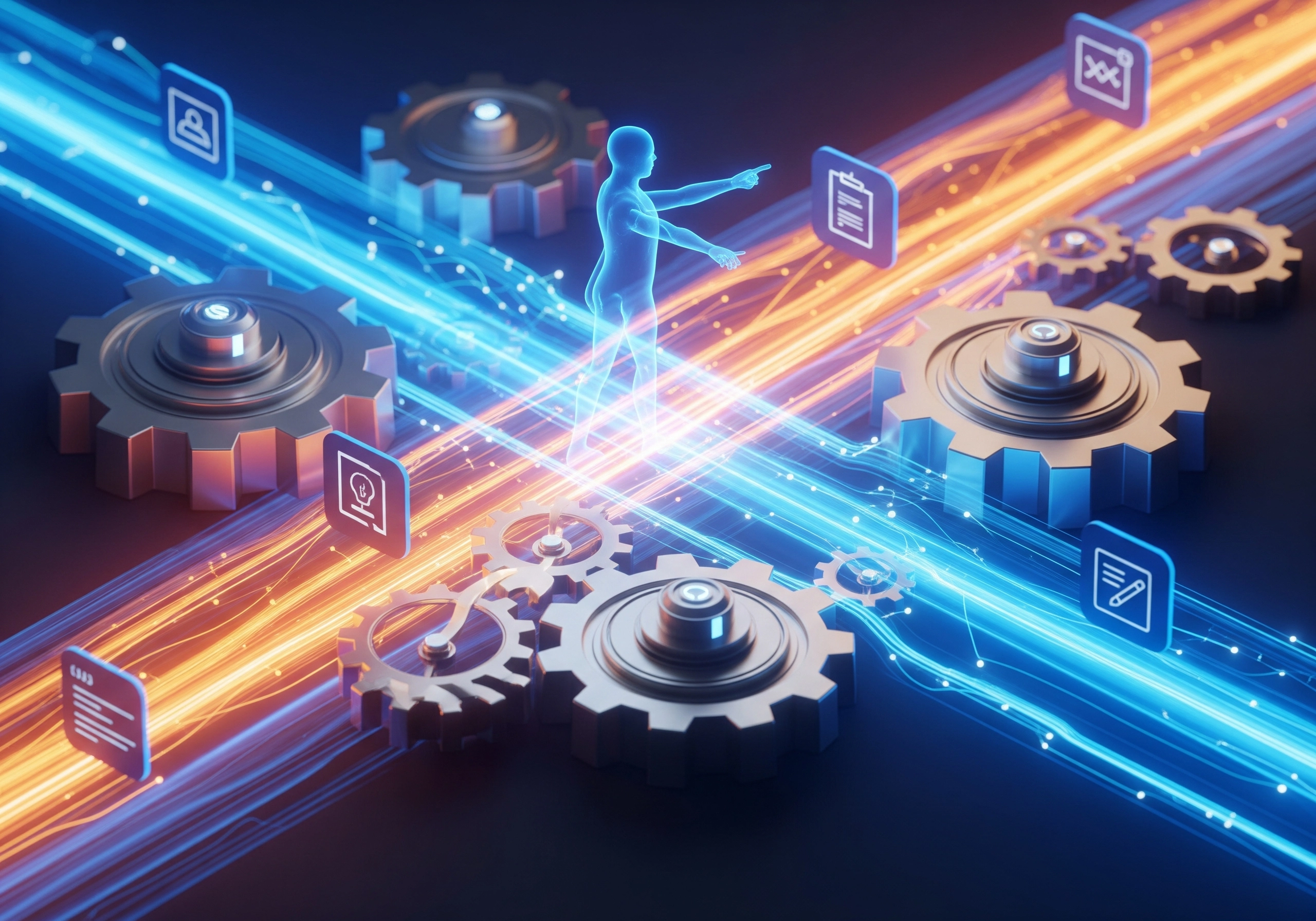 Abstract AI content generation concept with gears, human figure, and digital icons.