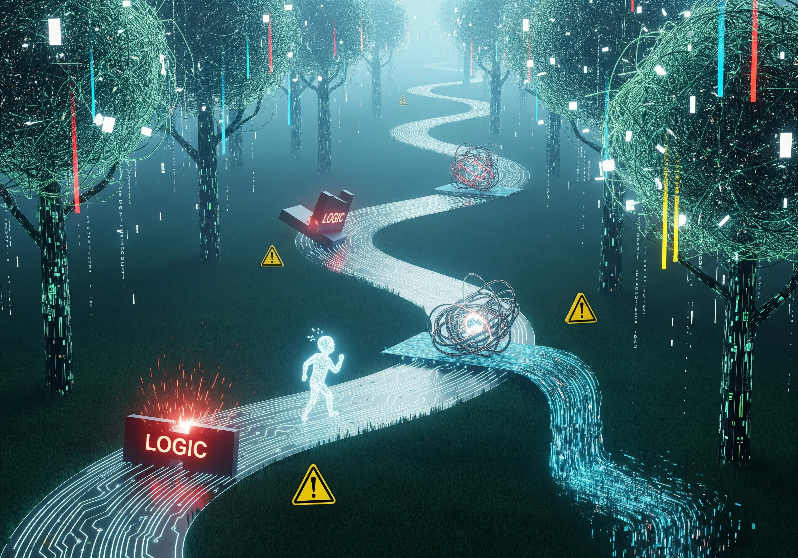 Digital path with 'logic' obstacles, symbolizing challenges in simple content AI generation.